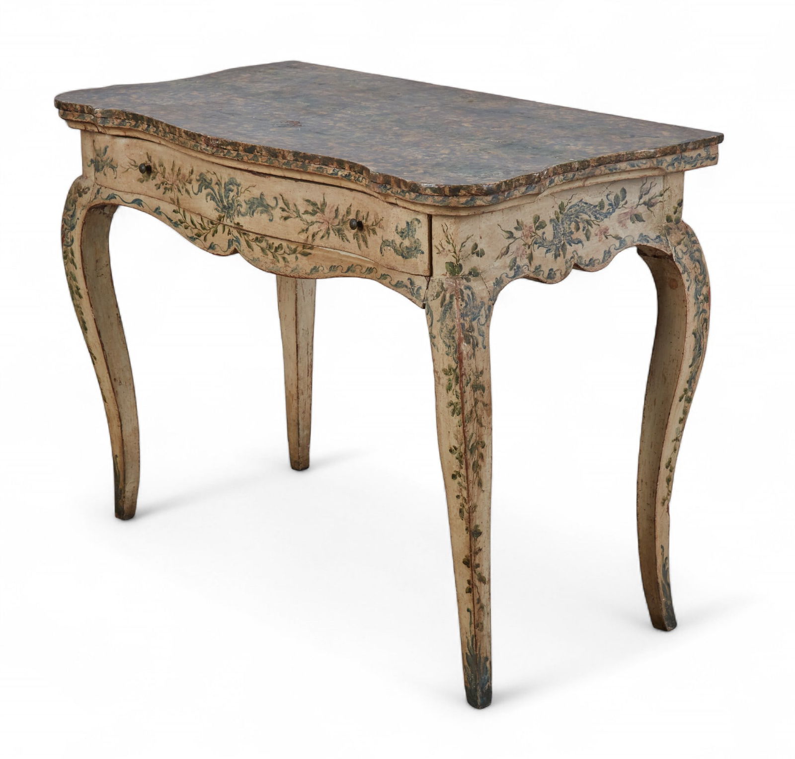 A Venetian Rococo style painted console table, incorporating antique and later elements: A Venetian Rococo style painted console tableincorporating antique and later elementsWith faux marble top and fitted with a frieze drawer.height 34in (85cm); width 45 1/2in (114cm); depth 24 3/4in (62