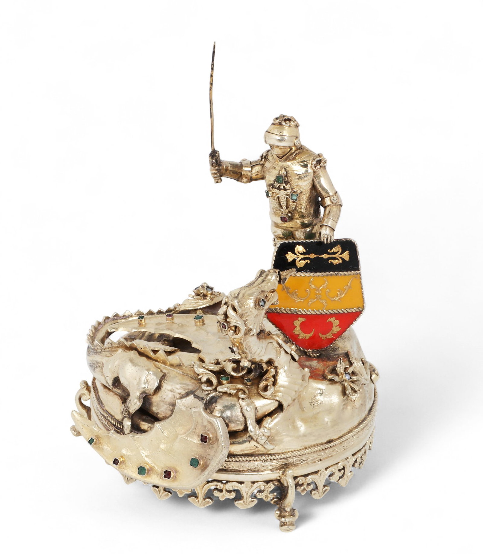 A Continental stone mounted parcel enameled sterling silver gilt group of St. George & the Dragon (1 of 8)