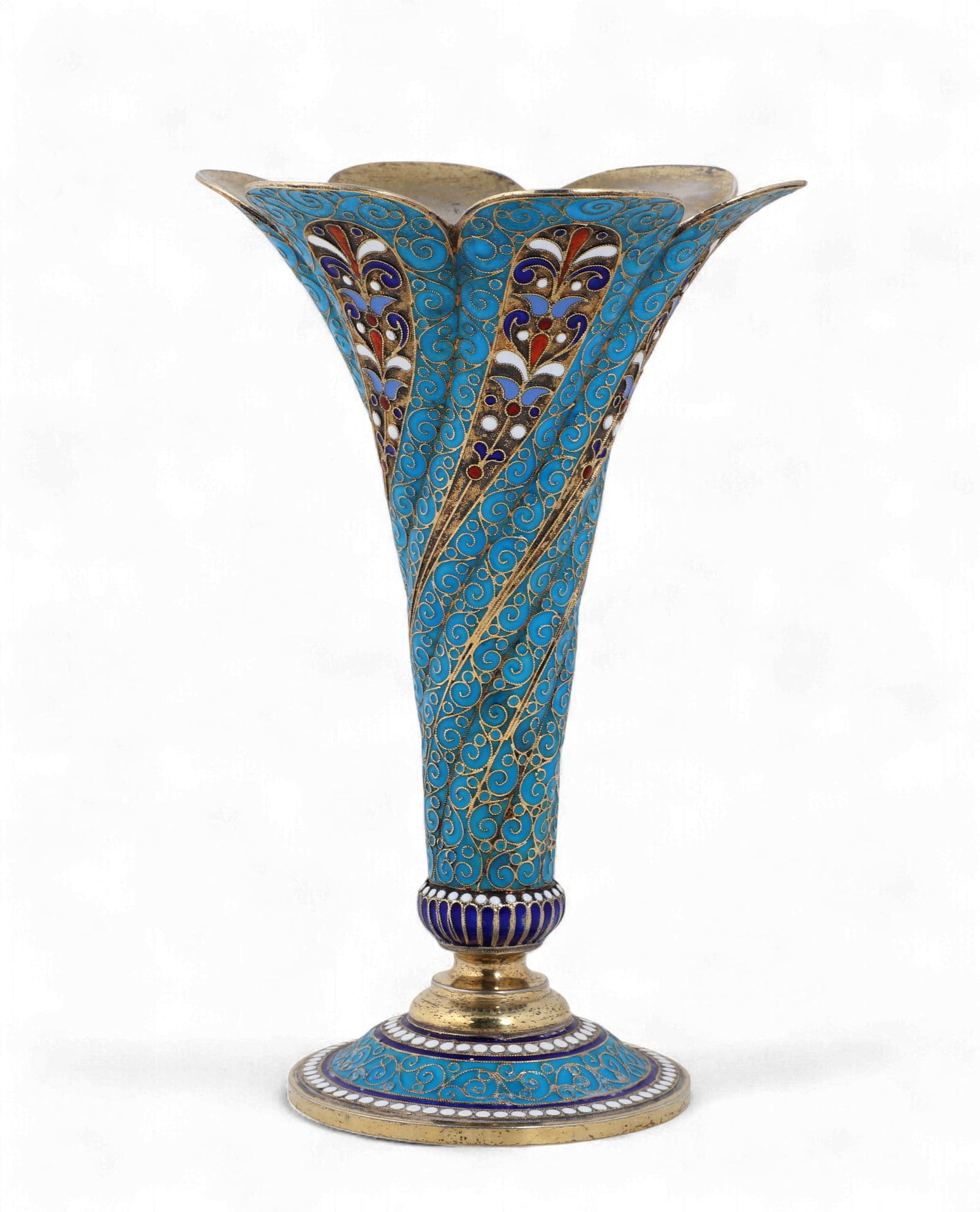 A Russian 88 standard silver gilt and cloisonne enamel vase, probably Antip Kuzmichev: A Russian 88 standard silver gilt and cloisonne enamel vaseprobably Antip Kuzmichev, Moscowlate 19th centuryheight 5 5/8in (14cm); diameter 3 5/8in (9cm); gross weight approximately 5oz troy Provenanc