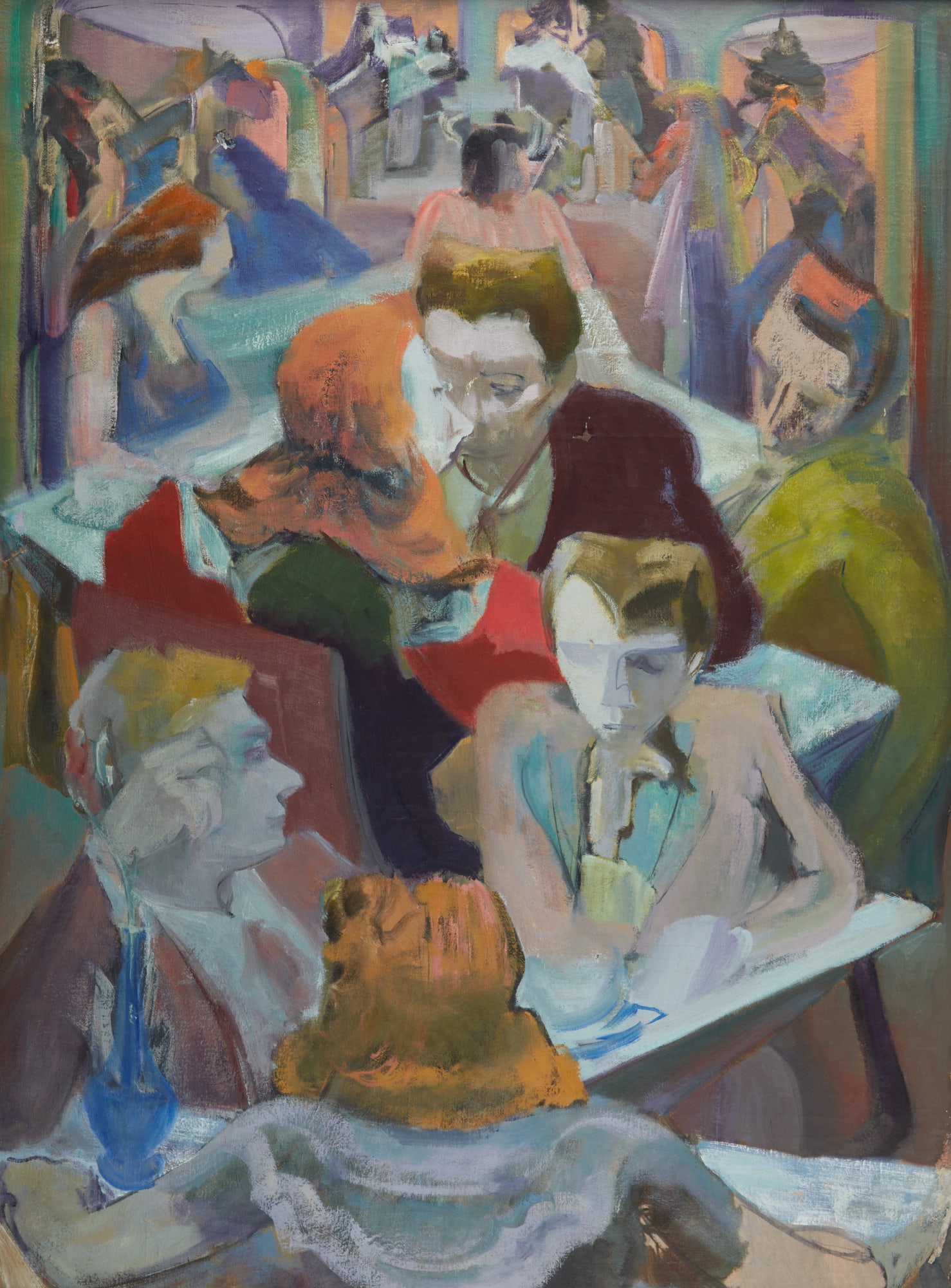 Attributed to Joseph Raskin (American, 1897-1981), At the cafe, oil on canvas: Attributed to Joseph Raskin(American, 1897-1981)At the cafeoil on canvas40 x 30in (102 x 76cm) Provenance:Sold Butterfield & Butterfield, Los Angeles, 8 December 1998, lot 2026.