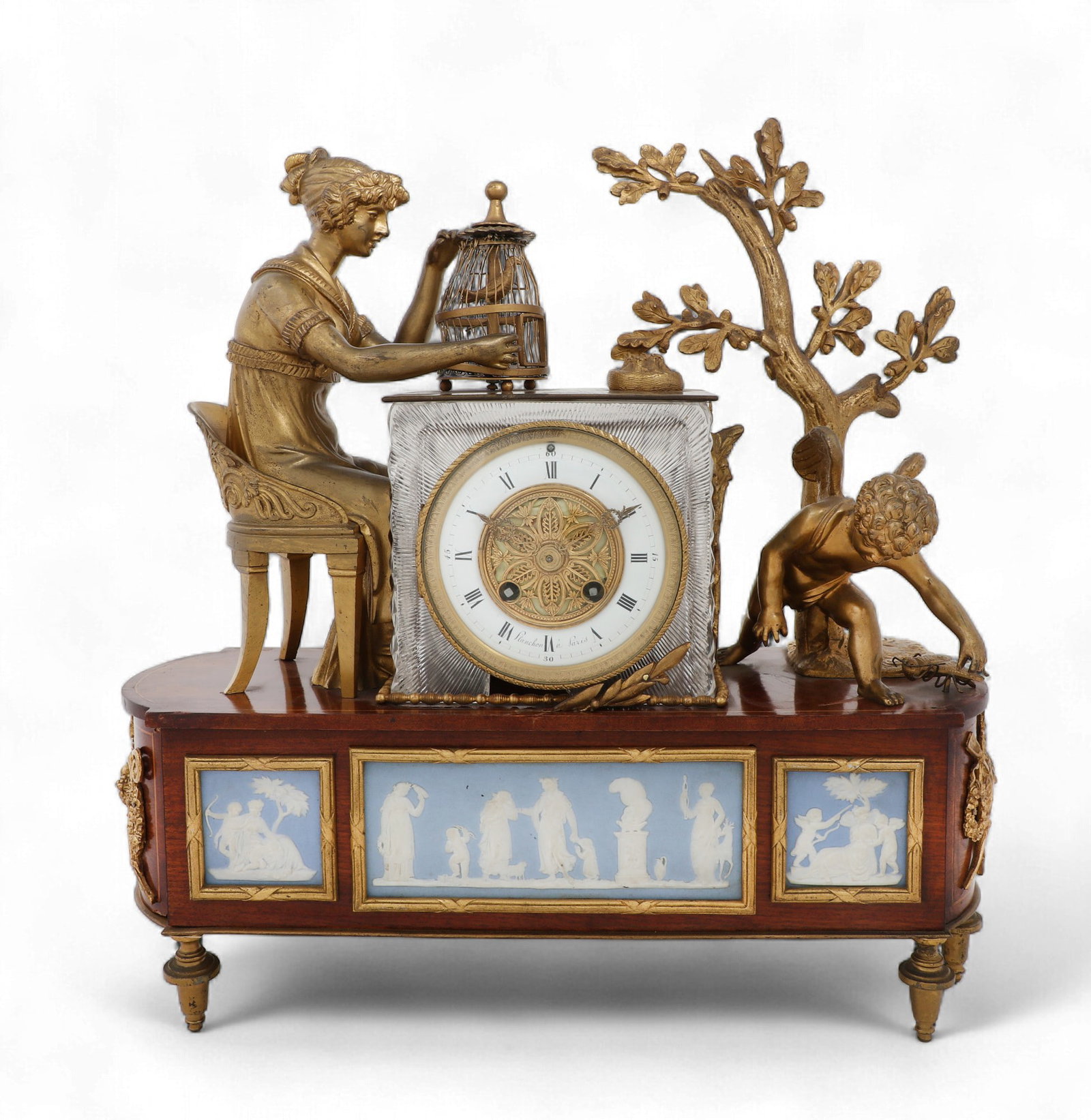 A Louis XVI style gilt bronze, jasperware, cut glass and mahogany mantel clock, Planchon (1 of 9)