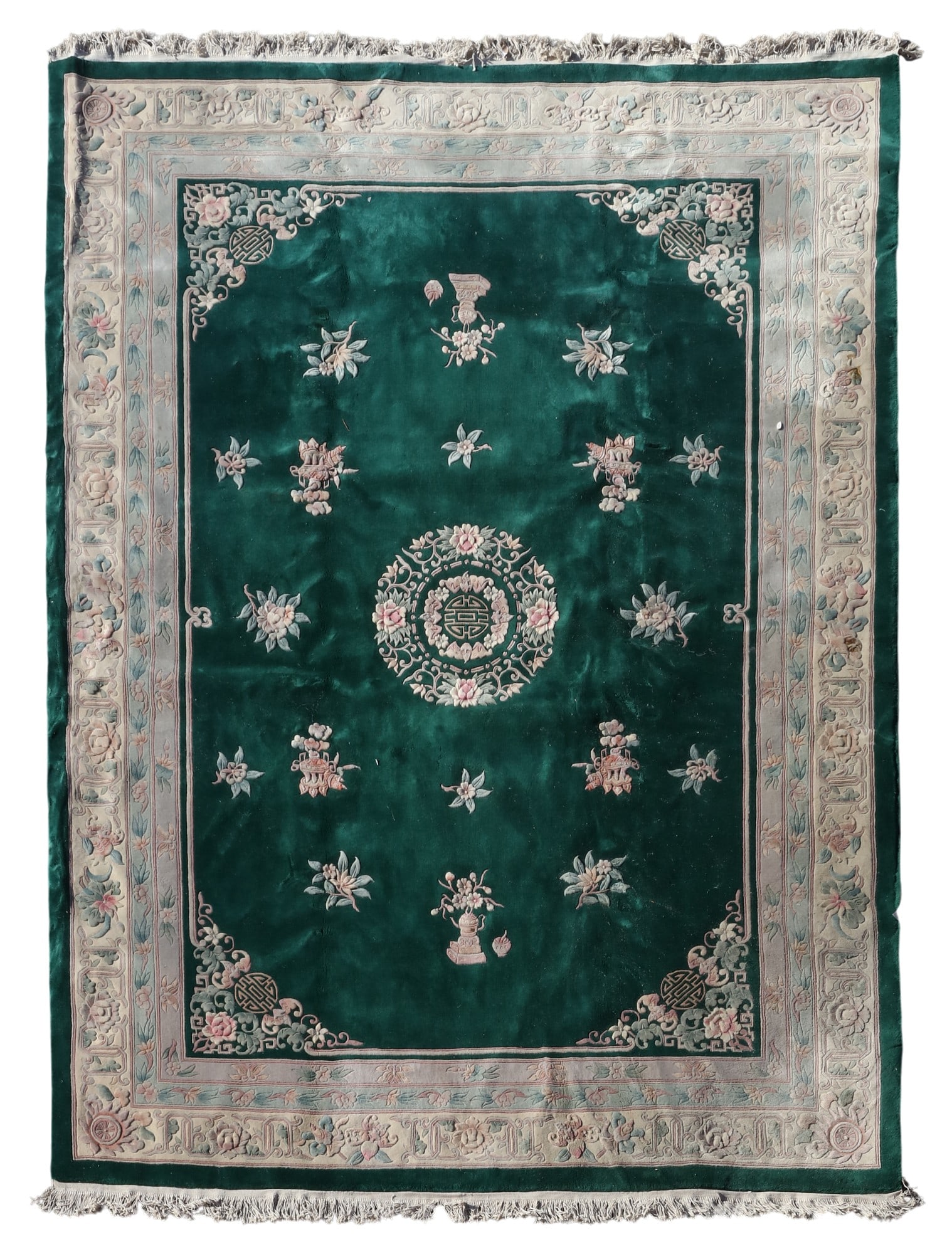 A Chinese Art Deco rug, green field with floral and vase motifs (1 of 3)