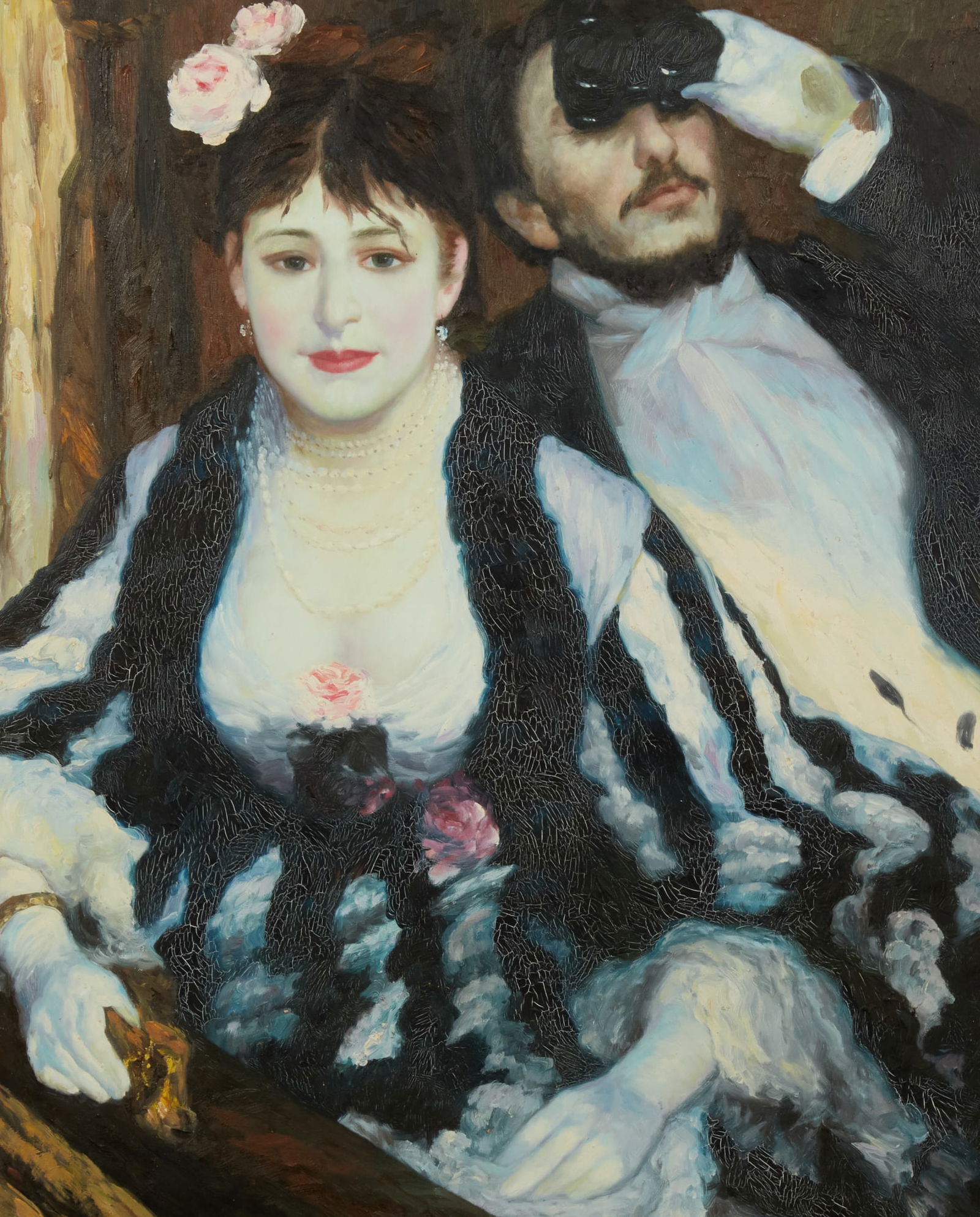 A painting of a couple at opera in gilt wood frame: A painting of a couple at opera in gilt wood frameFramed: 45 x 38 in. (114.3 x 96.5 cm.)