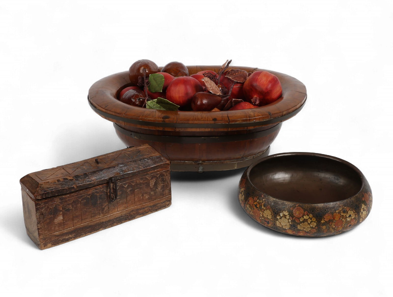 A three piece group of Asian table decorations comprising an oval bowl, a lacquered bowl and a box (1 of 4)