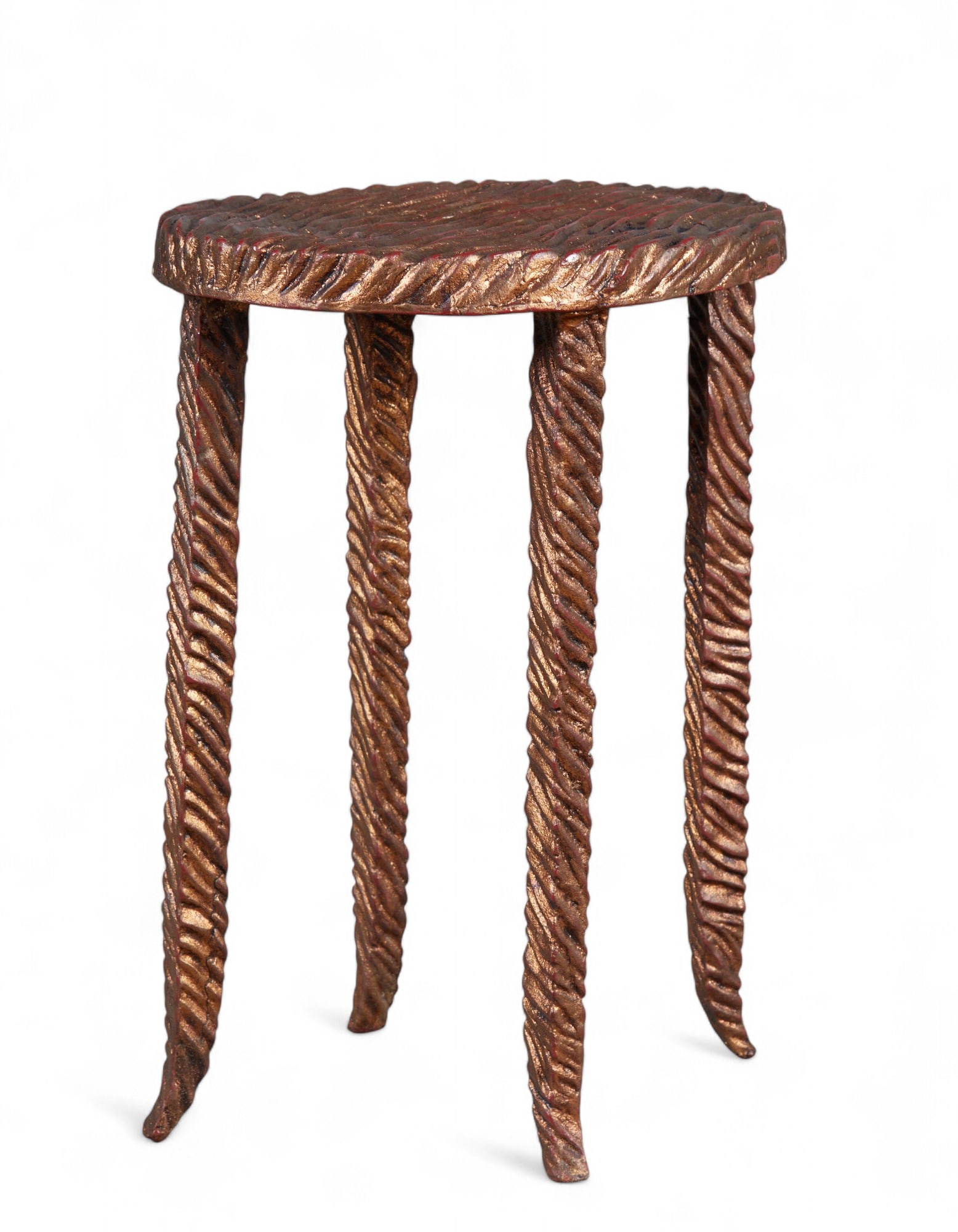 A cast iron table with hand applied gold finish: A cast iron table with hand applied gold finishheight 19 x width 13 x depth 10 1/2 in. (48.3 x 33 x 26.7 cm.)