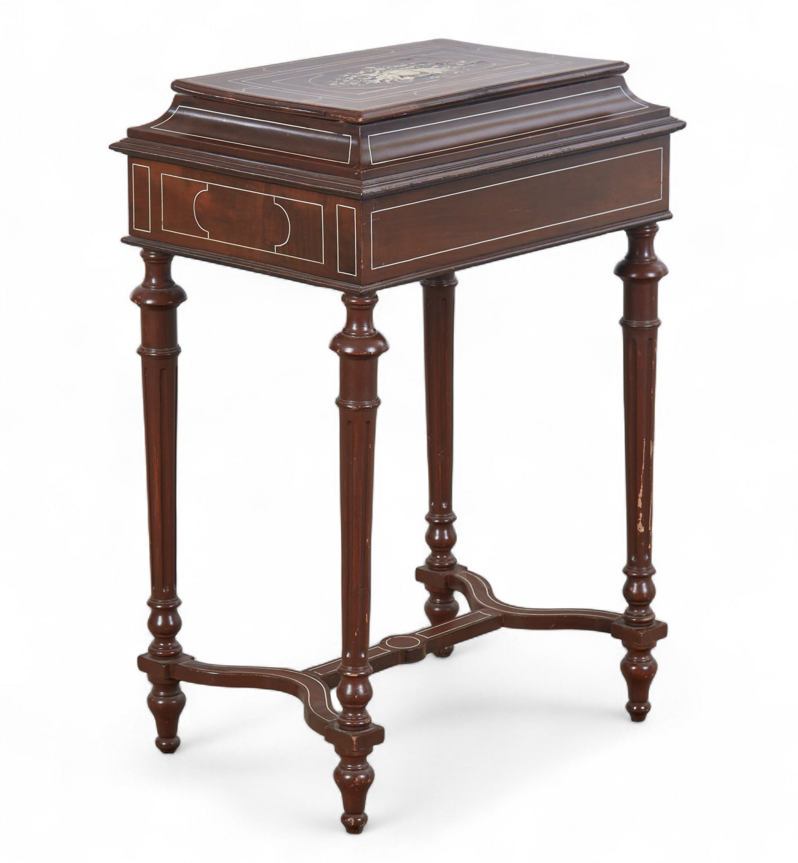 A wooden box on stand with bone inlay: A wooden box on stand with bone inlayheight 32 x width 21 x depth 15 in. (81.3 x 53.3 x 38.1 cm.)