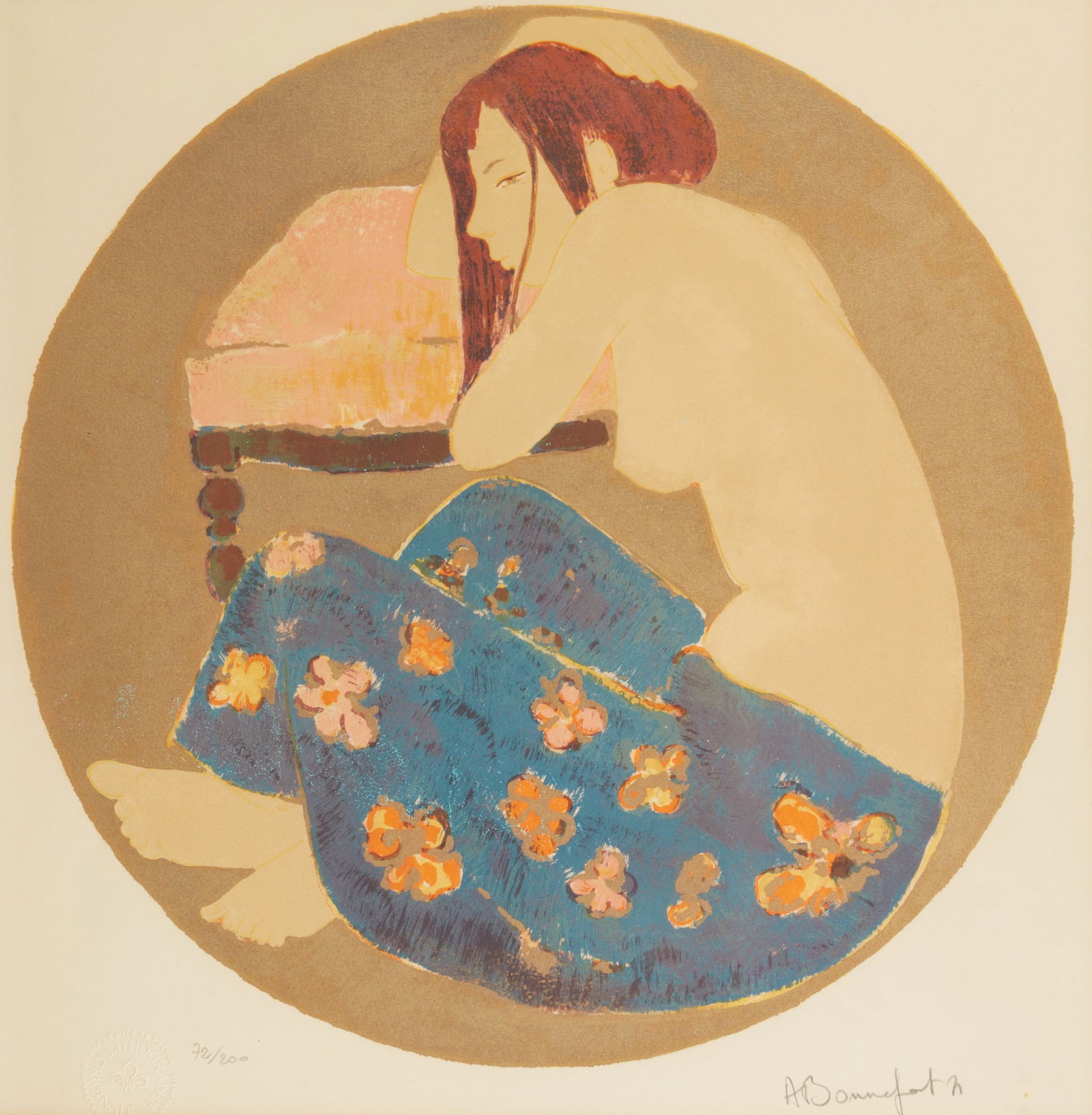 Alain Bonnefoit (France, b. 1937), Seated nude, lithograph in colors on wove paper, 20 x 20 in (51 x: Alain Bonnefoit(France, b. 1937)Seated nudelithograph in colors on wove papereditioned 72/200 and signed in pencil to lower margins; with blind stamp to lower left20 x 20 in (51 x 51 cm)