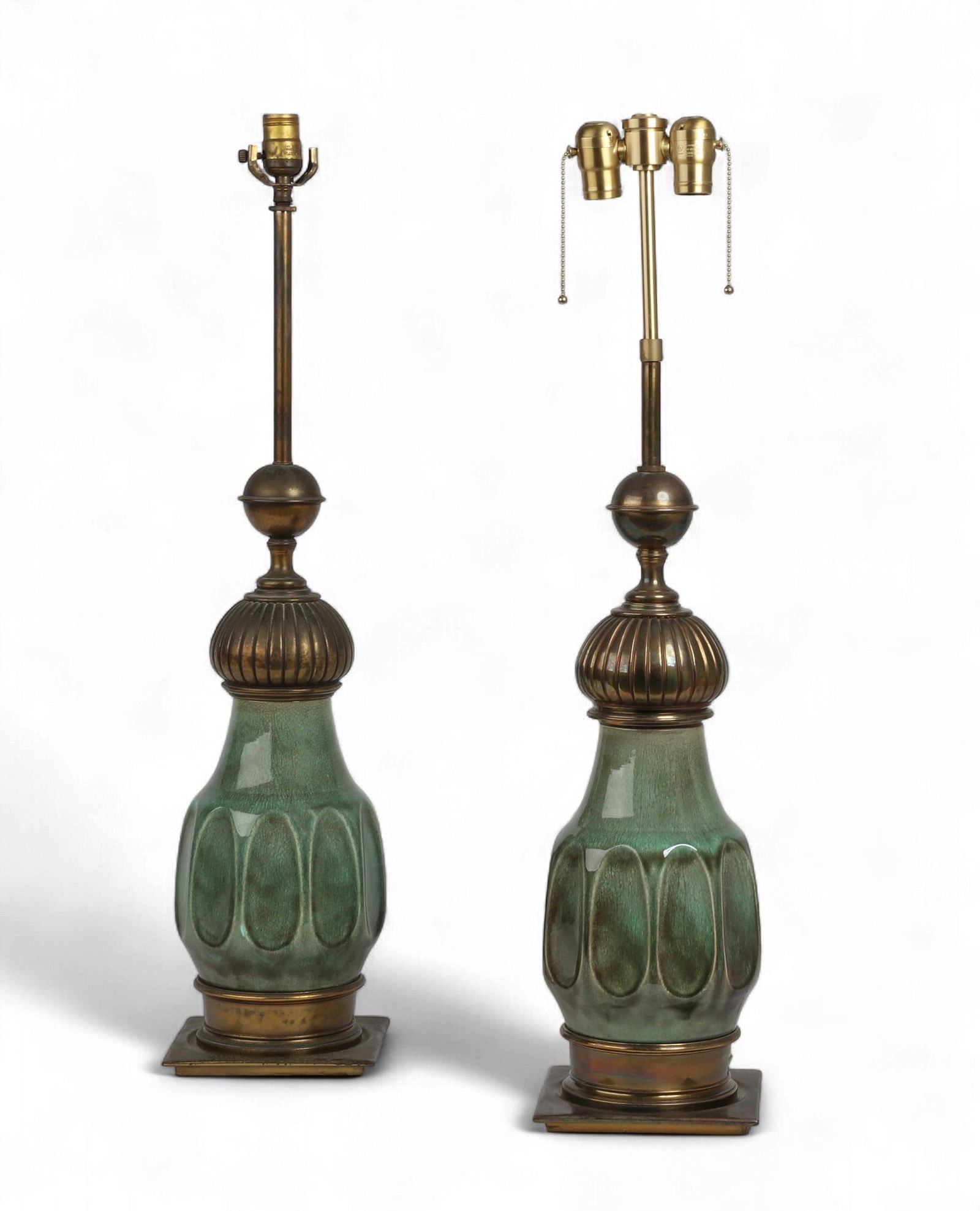 A pair of Stiffel Morrish style table lamps with crackle glaze ceramic body and brass fittings (1 of 7)