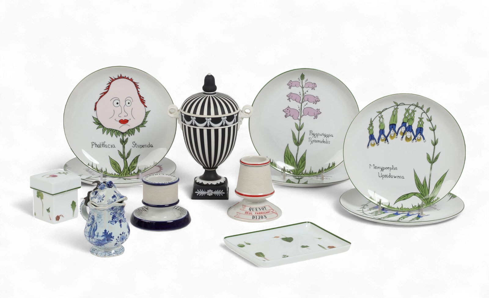 An assembled twelve piece group of International ceramic tableware, Hermes: An assembled twelve piece group of International ceramic tablewareHermes, Wedgwood and other makerslate 19th century - modernComprising a set of six Edward Lear for Scully & Scully Nonsense Botany pla