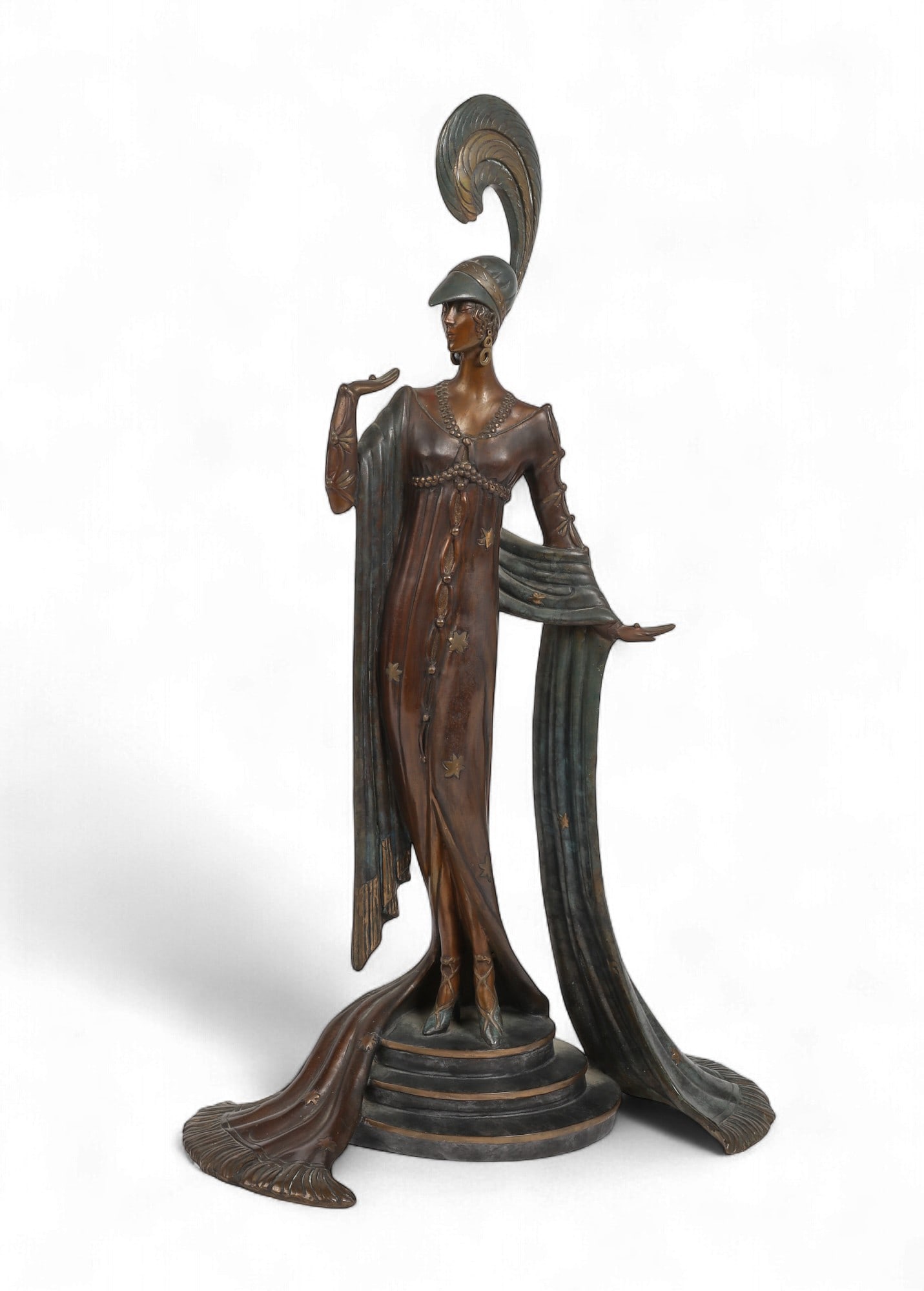 An Erte (Romain De Tirtoff) cold painted bronze figure: Directoire, 1984: An Erte (Romain De Tirtoff) cold painted bronze figure: Directoire1984Base impressed AP34/35 FINE ART ACQUISITIONS ? 1984.height 23 1/2in (60cm); width 14in (36cm); depth 7 1/2in (19cm) Provenance