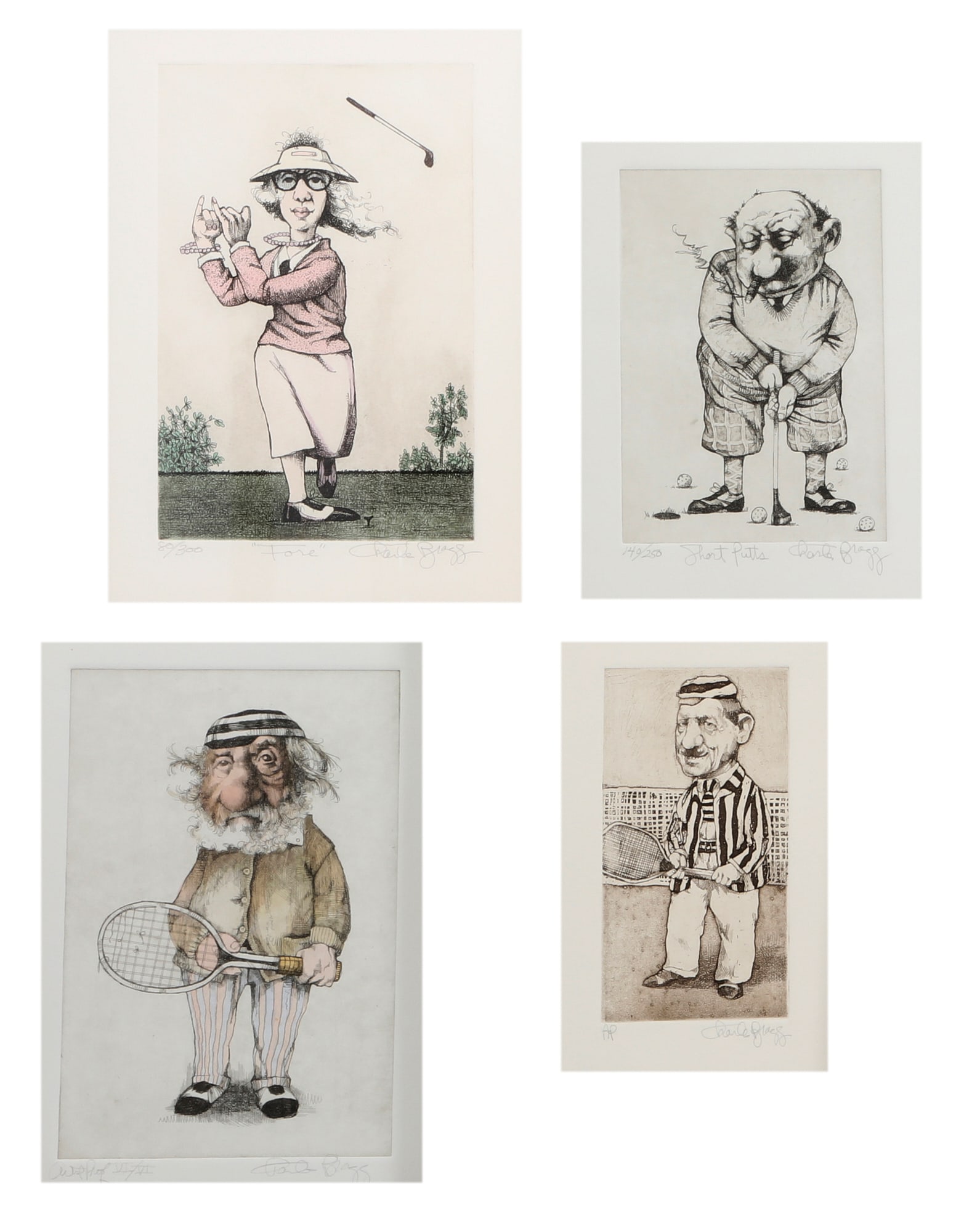 Charles Bragg (American, 1931-2017), Sporting, four satires: tennis and golf, etchings and aquatint: Charles Bragg(American, 1931-2017)Sporting, four satires: tennis and golfetchings and aquatint on wove paperall four editioned, titled, and signed in pencil to lower margins11 x 8 in (28 x 20 cm)