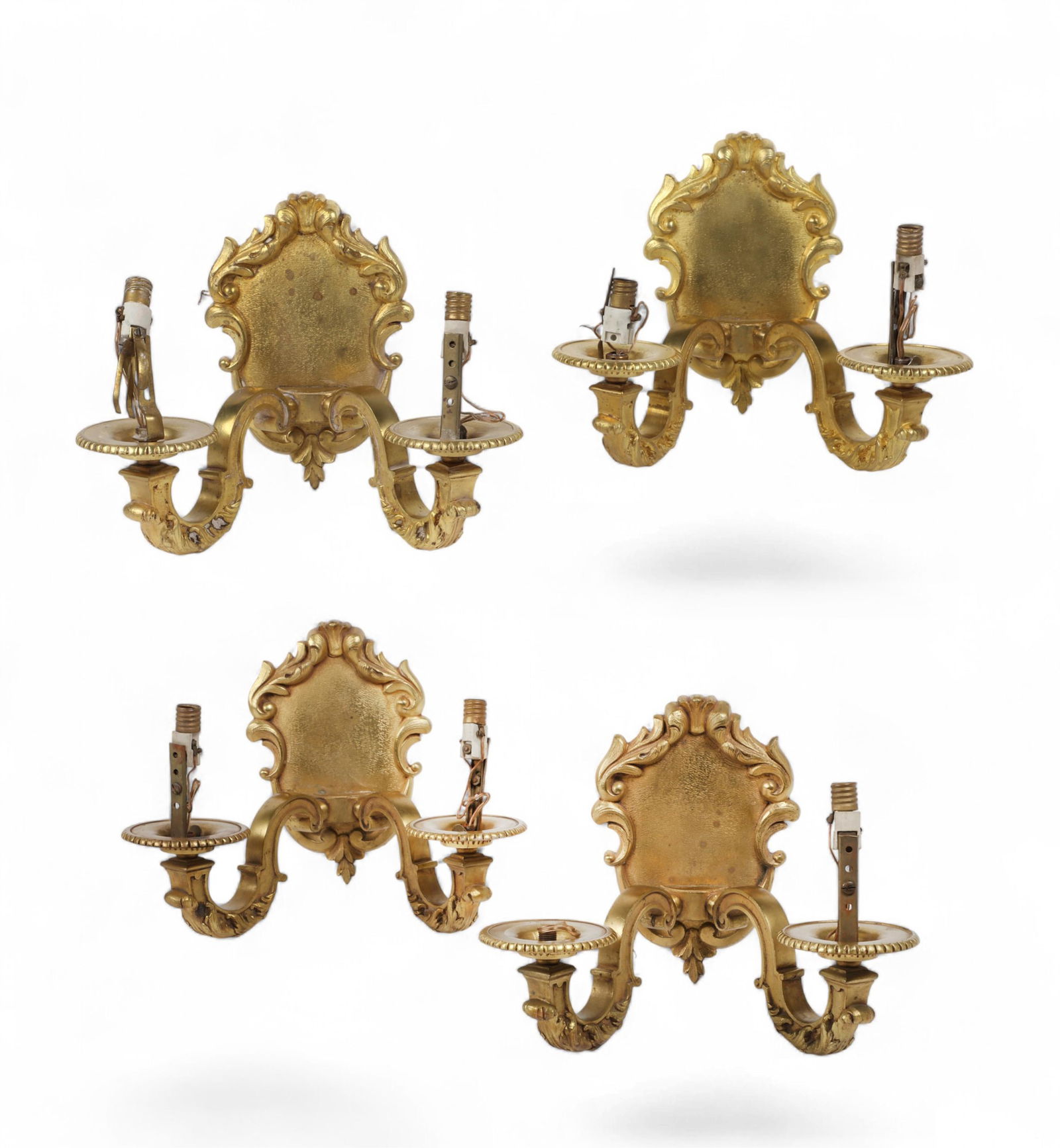 A set of four small French gilt bronze two branch wall sconces, 20th century (1 of 5)