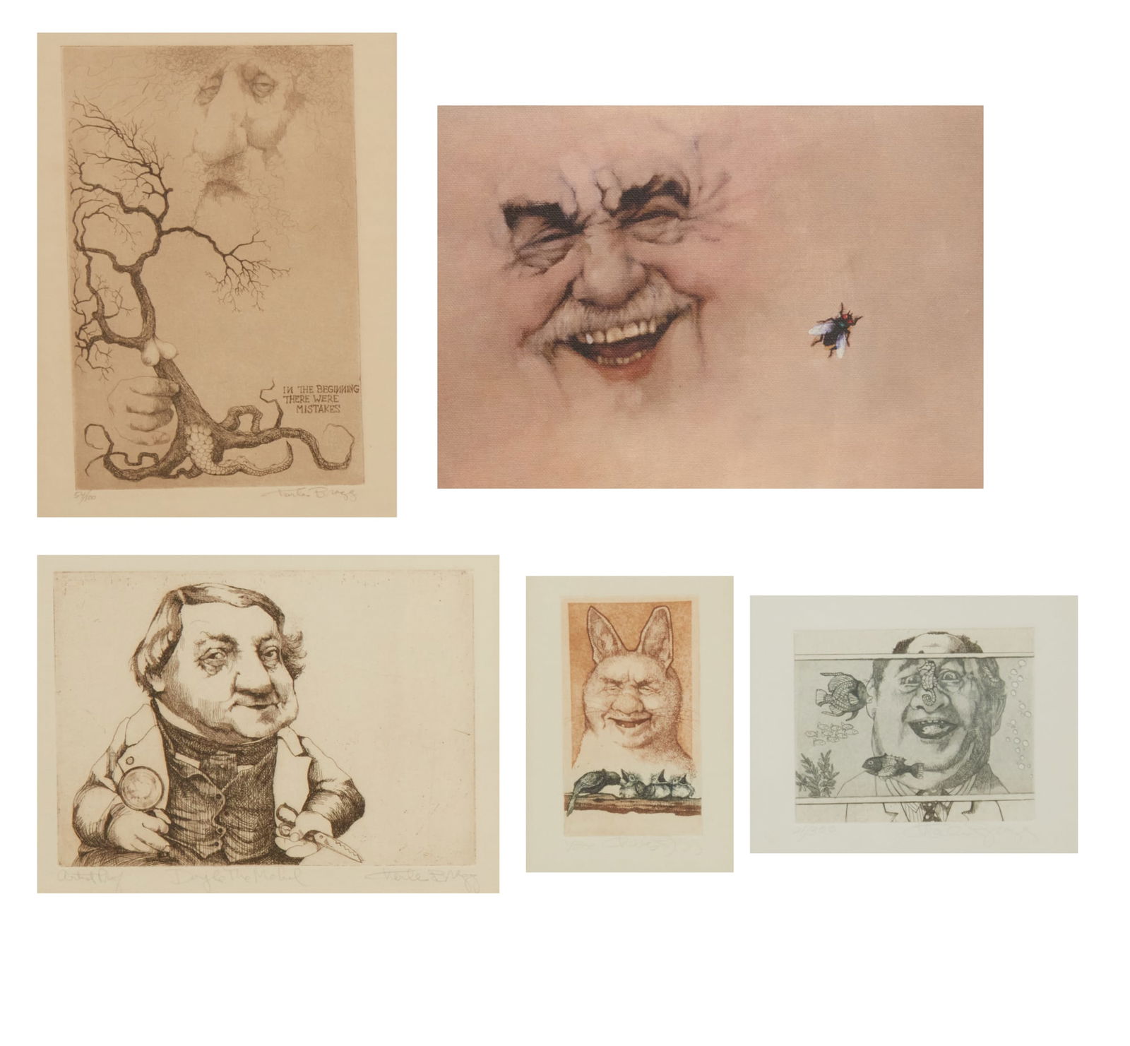 Charles Bragg (American, 1931-2017), Five works, five laughs, four etchings on wove paper: Charles Bragg(American, 1931-2017)Five works, five laughsfour etchings on wove paper, one reproduction to canvas boardetchings editioned, titled, and signed in pencilsheet: largest 11 x 8 in (28 x 20