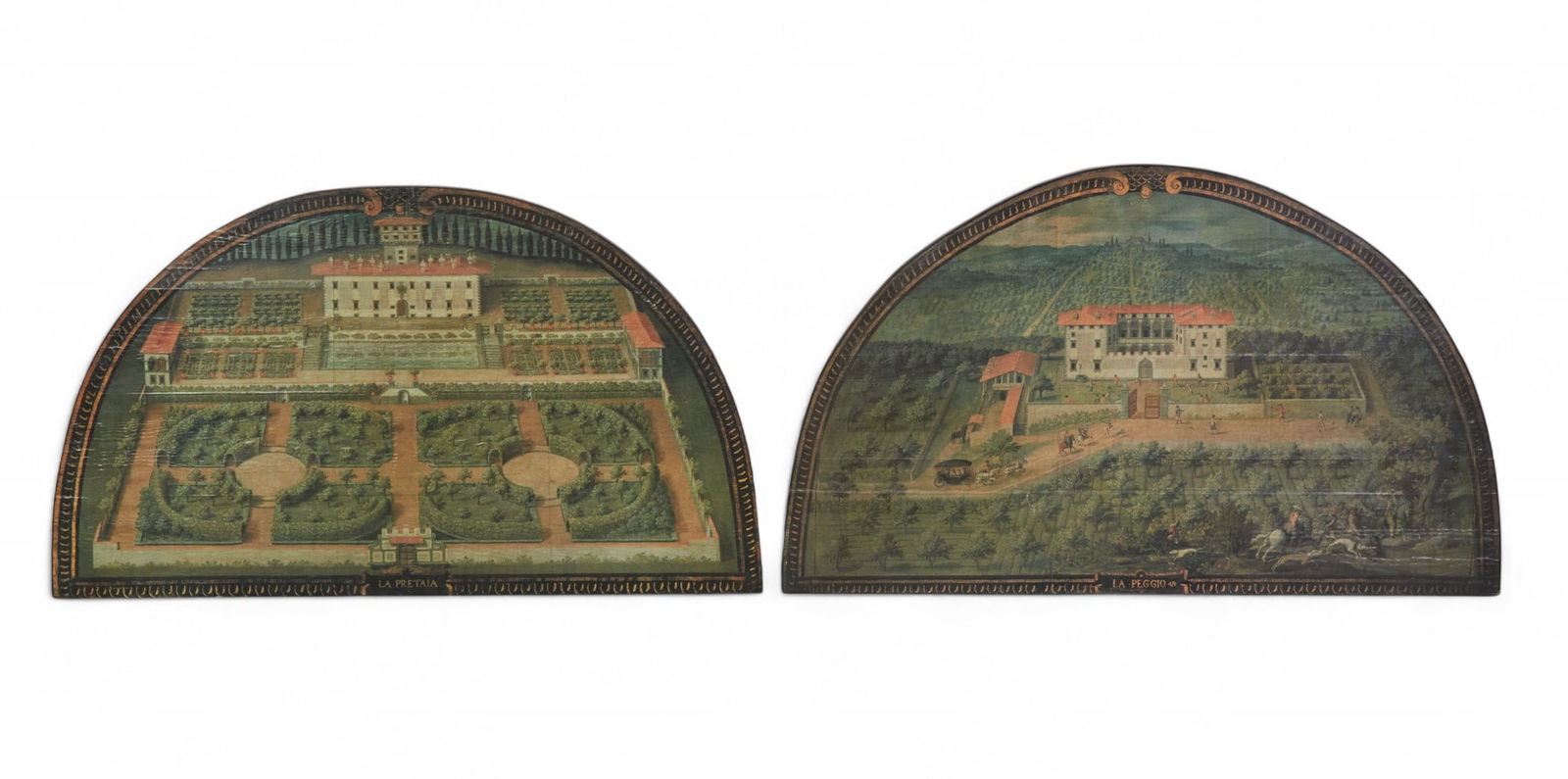 Pair of reproduction lunette painted panels of Villa gardens: Villa La Peggio and Villa La Pretaia: A pair of reproduction lunette painted wood panels of Villa gardens: Villa La Peggio and Villa La PretaiaModernheight 23 1/4in (58cm); width 38 1/2in (96cm); depth 1 1/4in (3cm) Provenance:With Charl