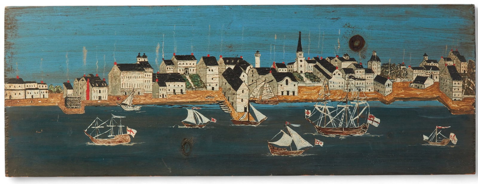 American School (20th century), Harbor view, oil on panel, 11 1/2 x 32in (29 x 82cm) (1 of 4)