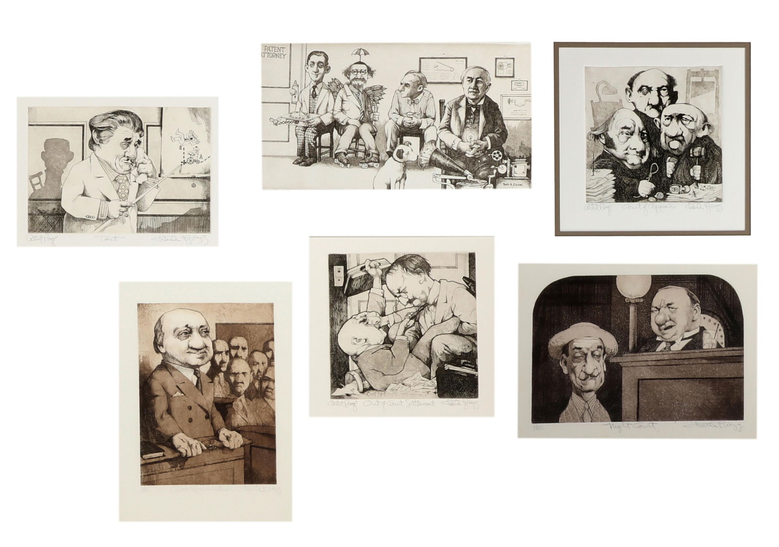 Charles Bragg (American, 1931-2017), Order in the Court (6 satirical etchings), etching & aquatint: Charles Bragg(American, 1931-2017)Order in the Court (six satirical etchings)etching and aquatint on wove paperall six are editioned, titled, and signed in pencil to the lower margins.largest 9 x 14 i