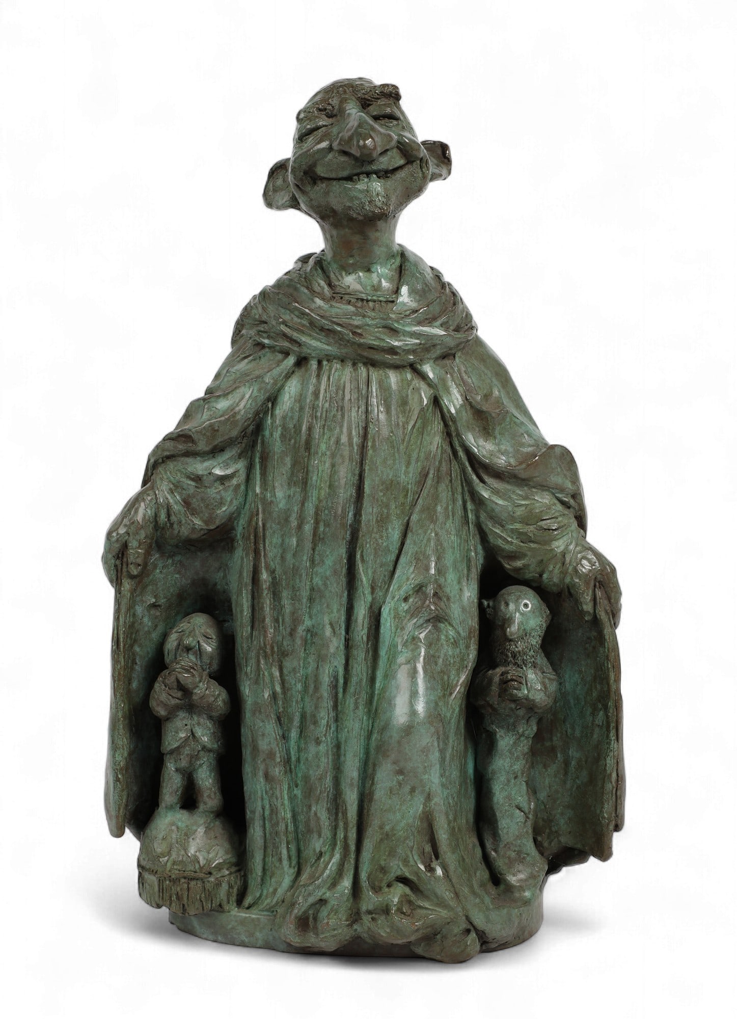Charles Bragg (American, 1931-2017), Saint Francis of Azussa 1980, patinated verdigris bronze: Charles Bragg(American, 1931-2017)Saint Francis of Azussa 1980patinated verdigris bronzesigned / incised to right lower verso, un-numbered.height 14 in (36cm) width 9 in (23cm) depth 5 in (13cm)