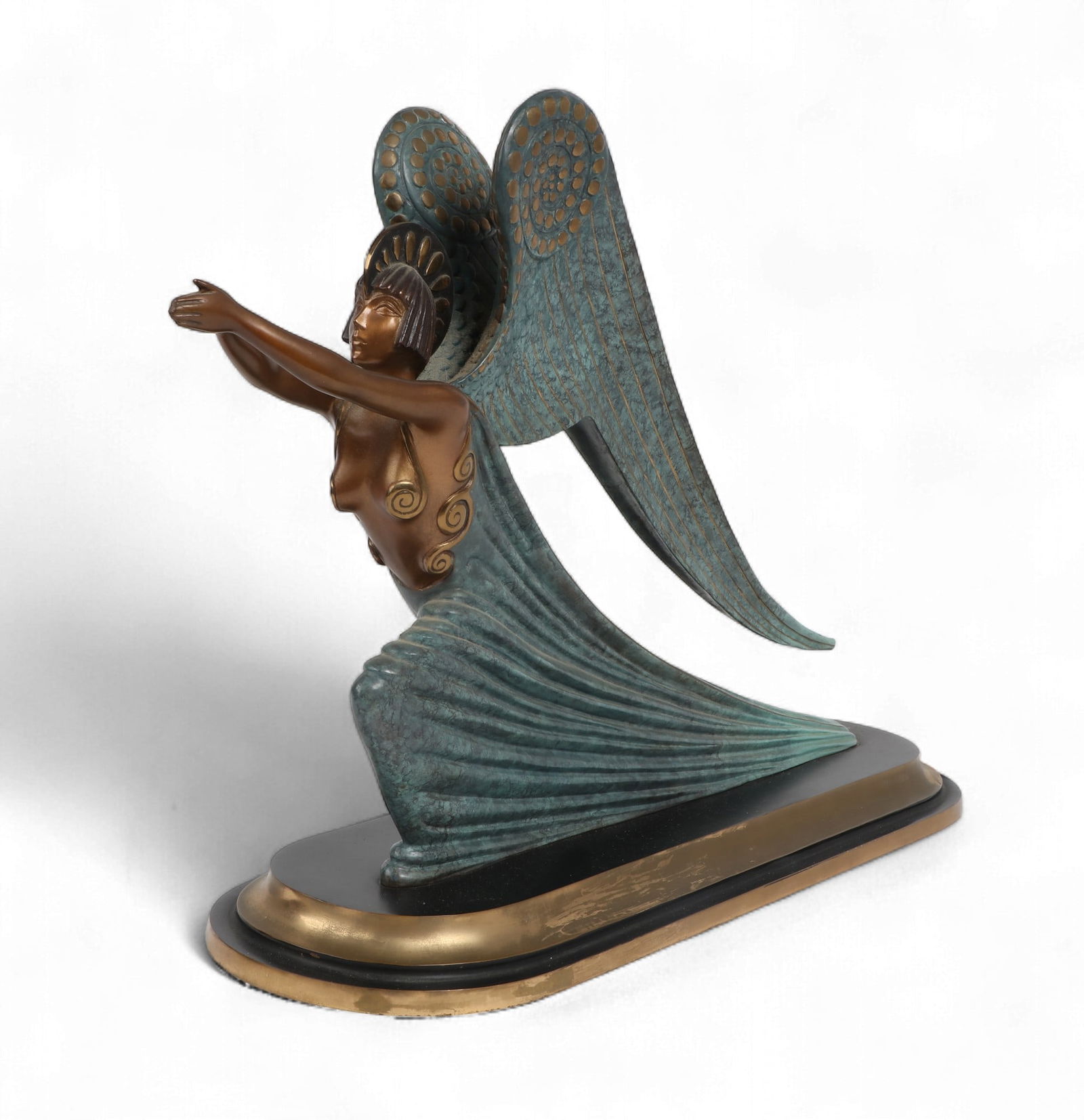 An Erte (Romain De Tirtoff) cold painted bronze figure: Angel, 1984: An Erte (Romain De Tirtoff) cold painted bronze figure: Angel1984Base impressed AP18/35 FINE ART ACQUISITIONS ? 1984.height 14 1/2in (37cm); width 19 1/2in (50cm); depth 6 1/2in (16.5cm) Provenanc