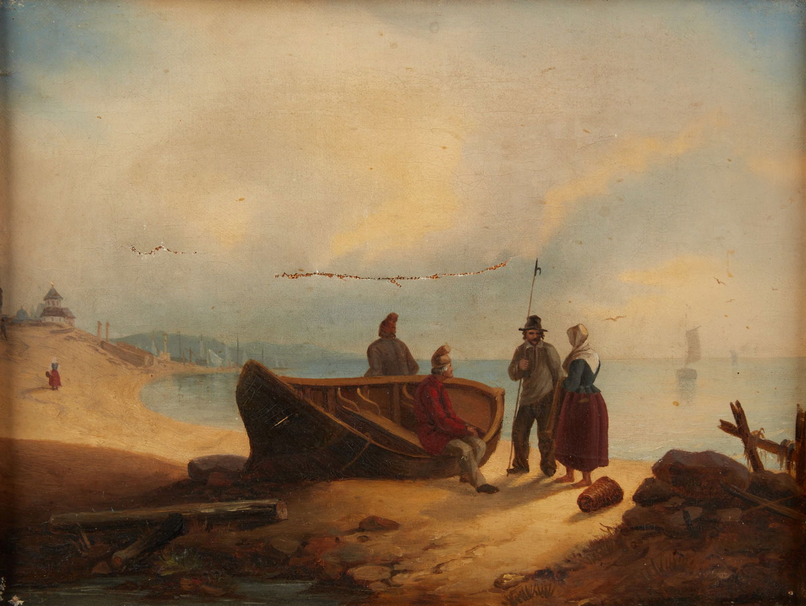 Dutch School (19th century), Fishermen on shore, oil on canvas, 9 1/2 x 13in (24 x 32.5cm) (1 of 6)