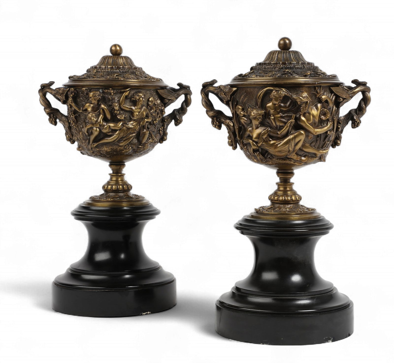 A pair of Continental bronze relief decorated covered urns, Circa 1900 (1 of 4)