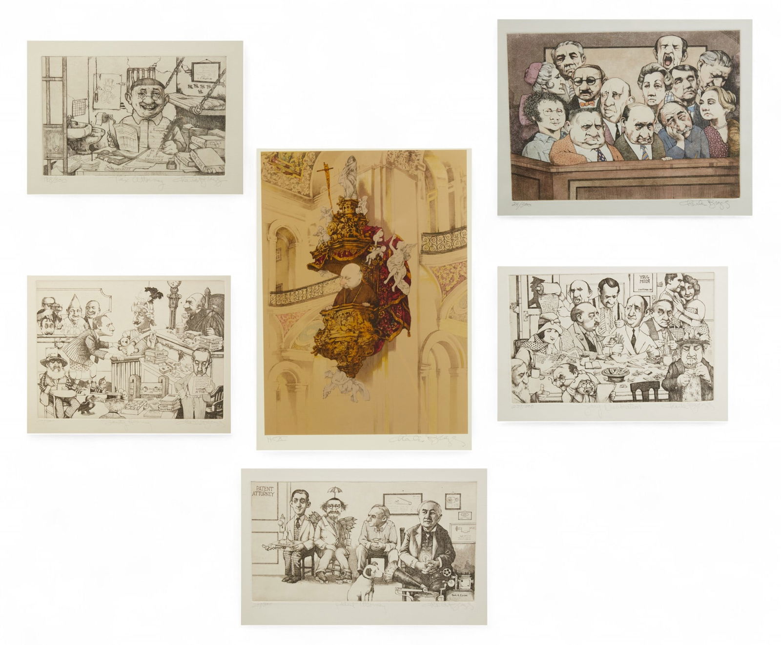 Charles Bragg (American, 1931-2017), Five etchings and one lithograph: Charles Bragg(American, 1931-2017)Five etchings and one lithograph: six satiresetchings and lithograph on wove paperlot includes three framed prints and one portfolio entitled The Diminished Capacity