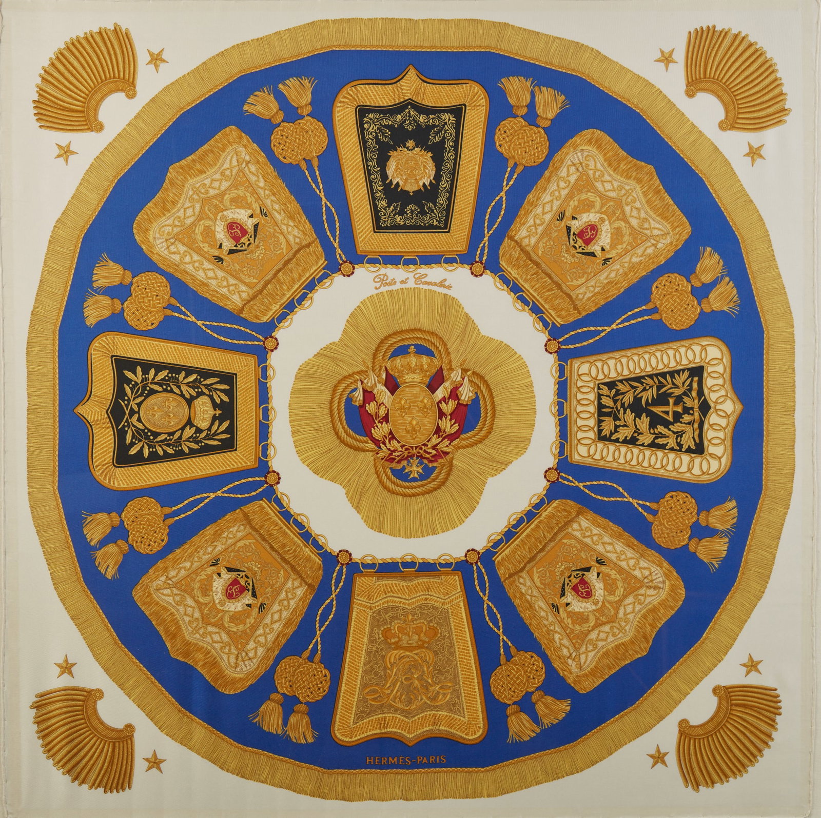 A Hermes silk Post et Cavalerie scarf, late 20th century: A Hermes silk Post et Cavalerie scarflate 20th centuryMounted in plexiglass frame.scarf 35 x 35in (89 x 89cm)