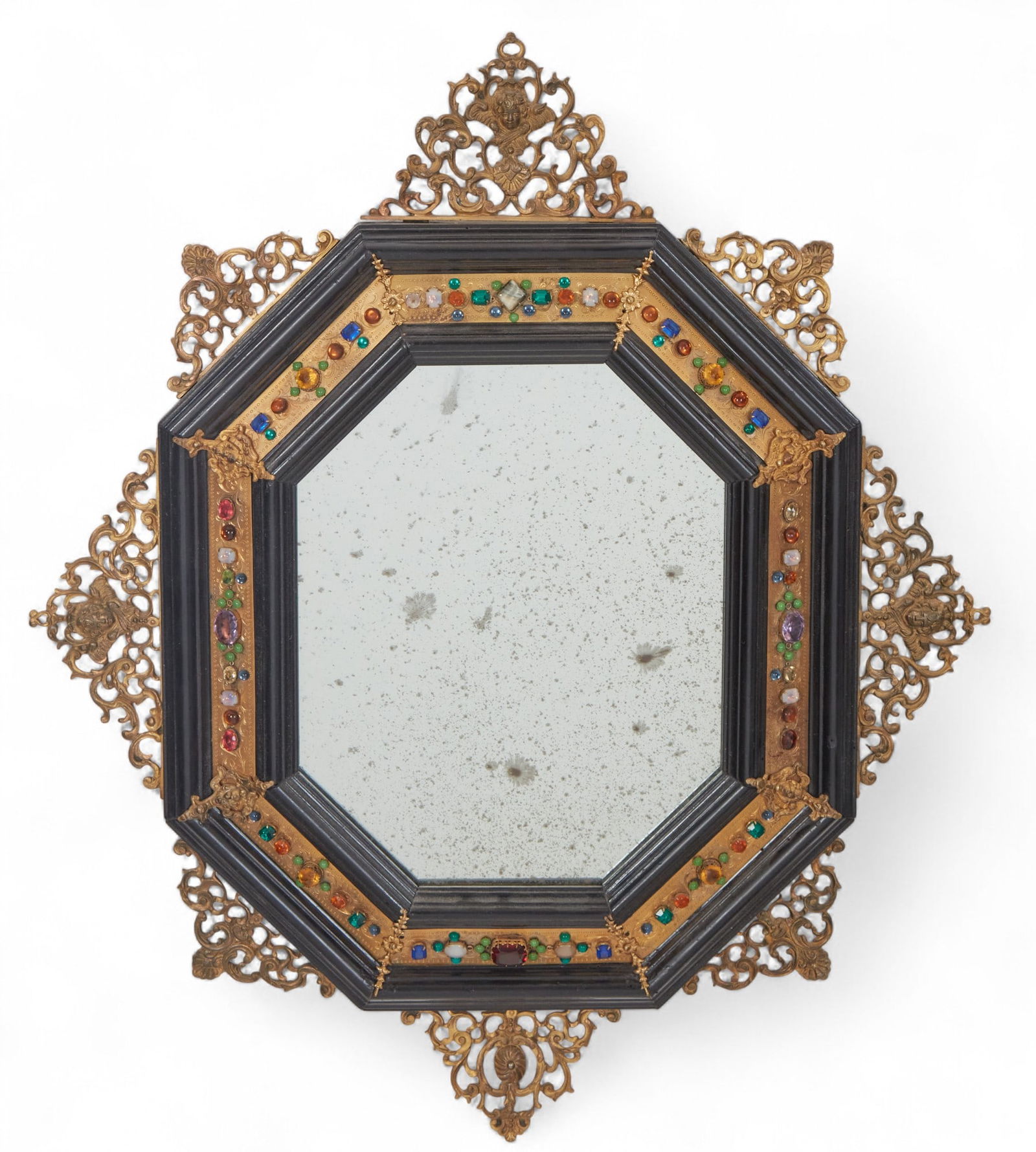 A Continental Baroque style brass and jewel mounted ebonized octagonal mirror, late 19th century (1 of 4)