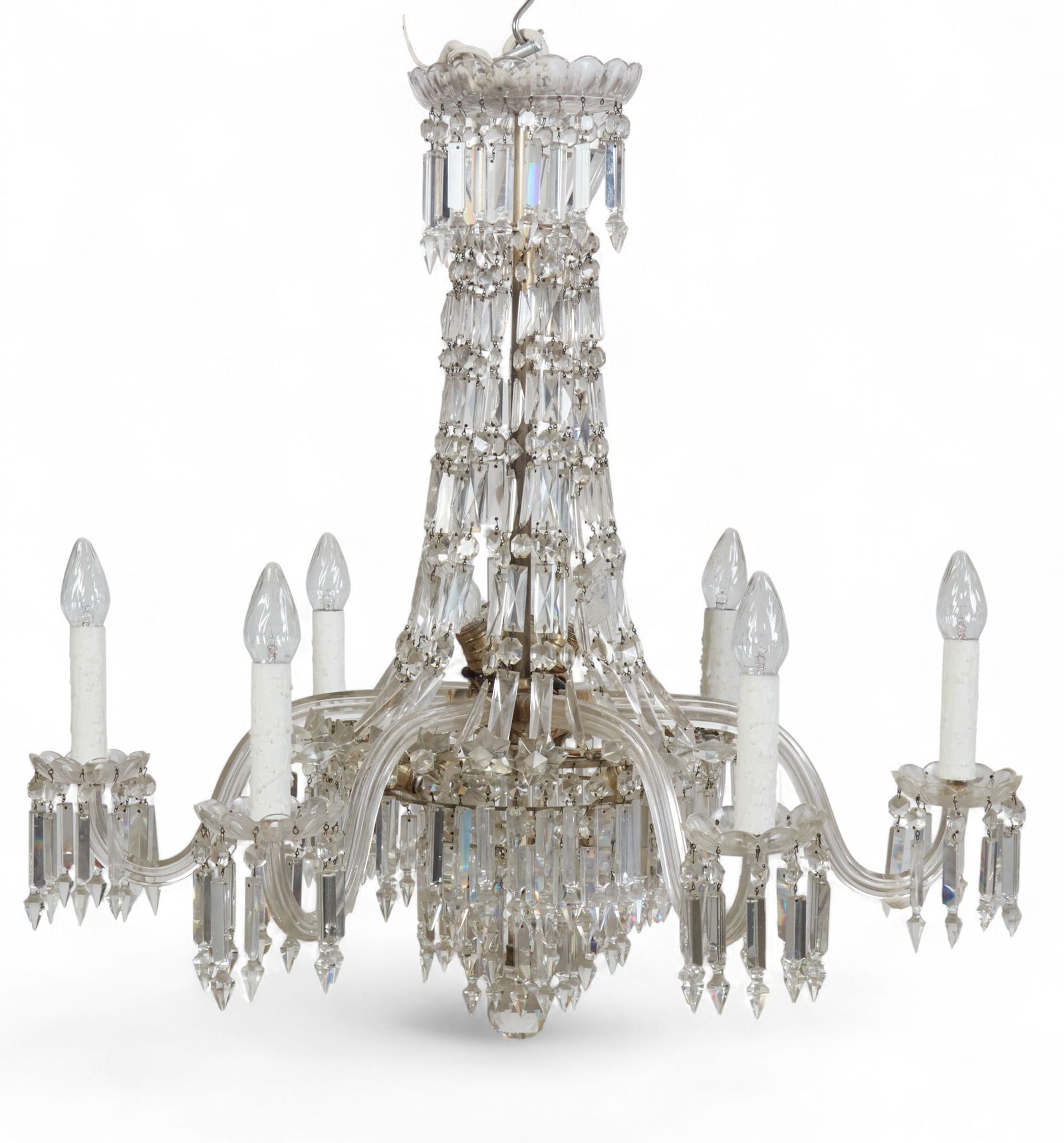 A George III style white metal and clear cut glass twelve light chandelier, 19th century: A George III style white metal and clear cut glass twelve light chandelier19th centuryheight 35in (87.5cm); diameter 36in (90cm) Provenance:Property from a Private Collector Carmel, California.