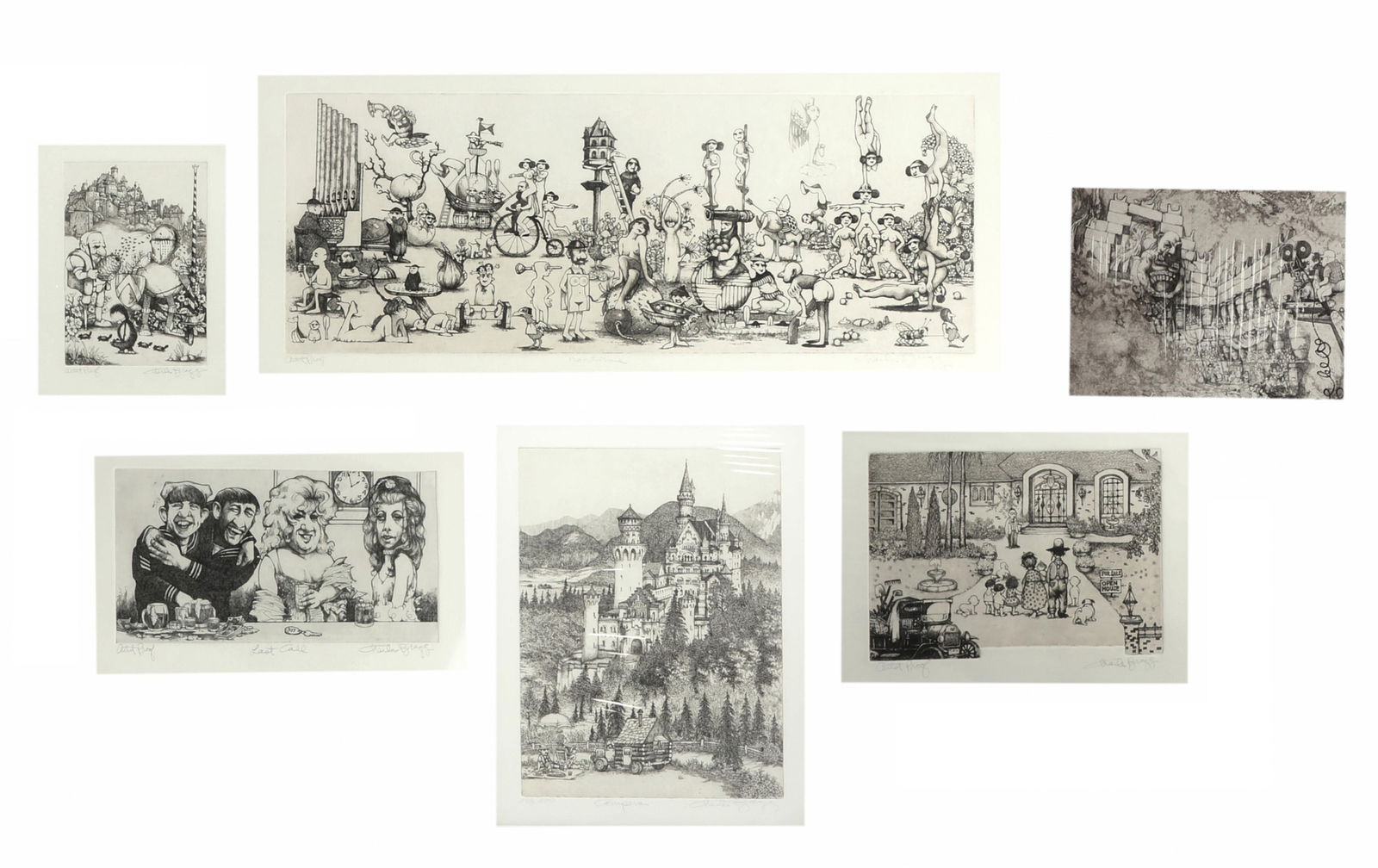 Charles Bragg (American, 1931-2017), Satire times 6: etchings, etchings and aquatint on wove paper: Charles Bragg(American, 1931-2017)Satire times six: etchingsetchings and aquatint on wove paperall six are editioned, titled, and signed in pencil to the lower marginslargest 11 x 26 in (28 x 66 cm)