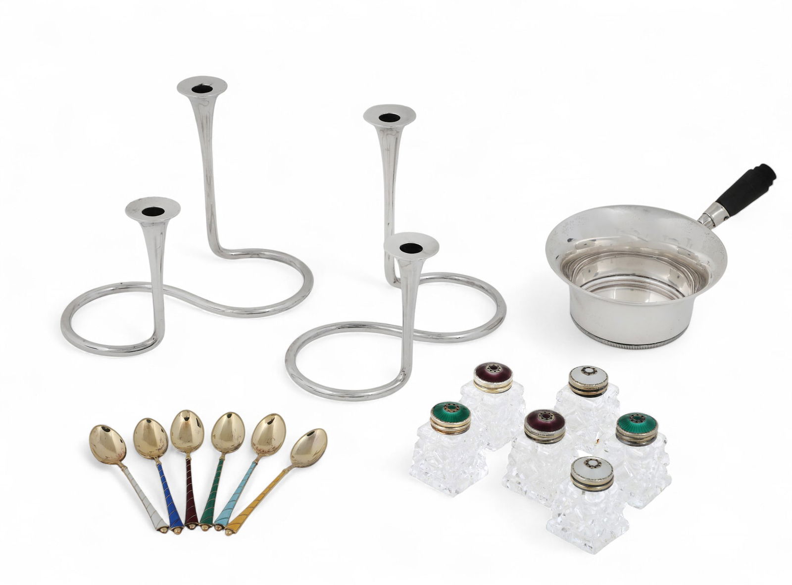 A fifteen piece group of Scandinavian silver and enamel tableware, various makers: A fifteen piece group of Scandinavian silver and enamel tablewarevarious makersearly to mid 20th centuryComprising a pair of A. Michelsen two light candelabra, a Grannn and Lagyle saucepan, a cased se