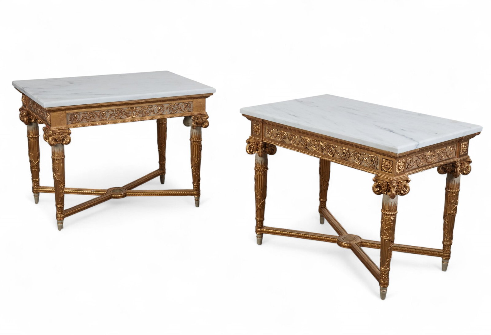 A pair of Louis XVI parcel gilt grey painted center tables, circa 1900 (1 of 7)