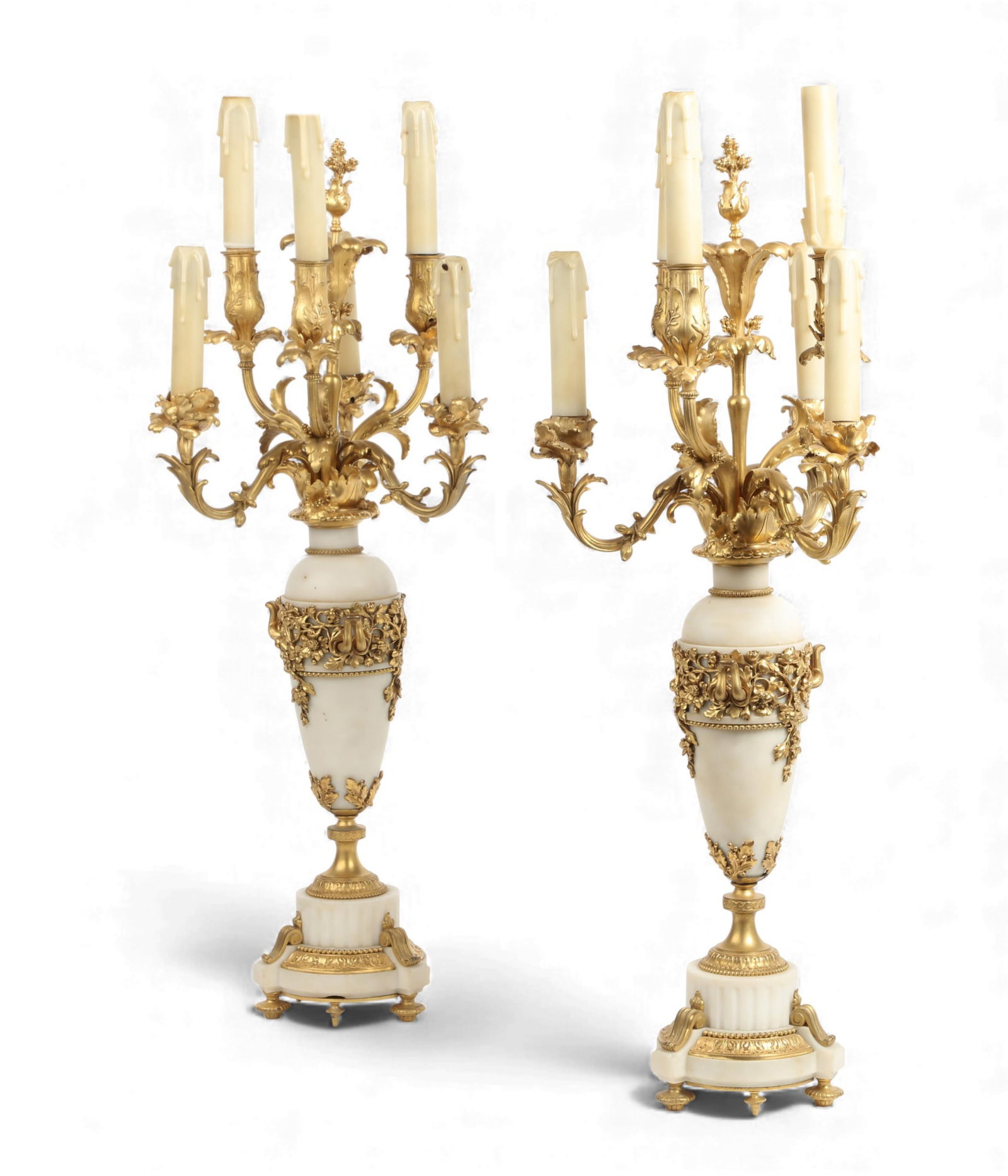 A pair of Louis XVI style gilt bronze and white marble five light candelabra, late 19th century (1 of 4)