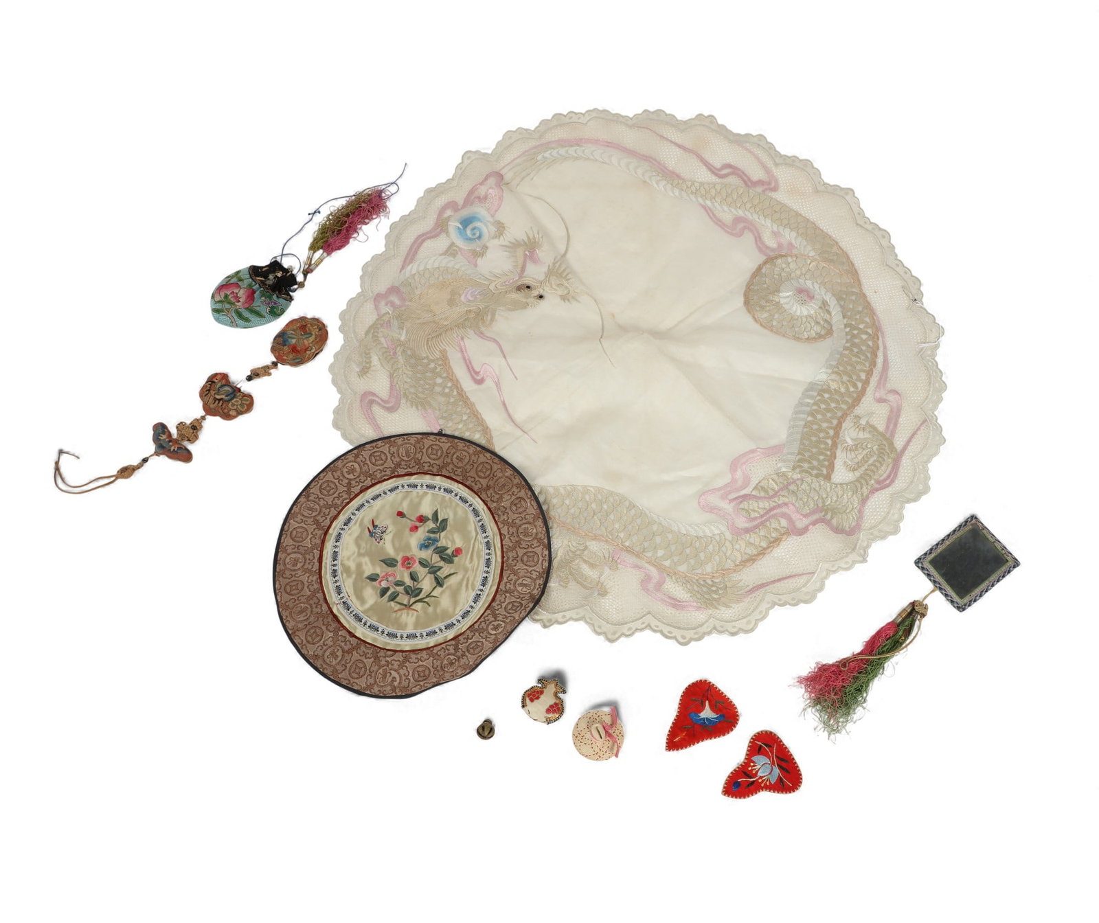 A group of nine Asian embroidered textiles and objects (1 of 3)