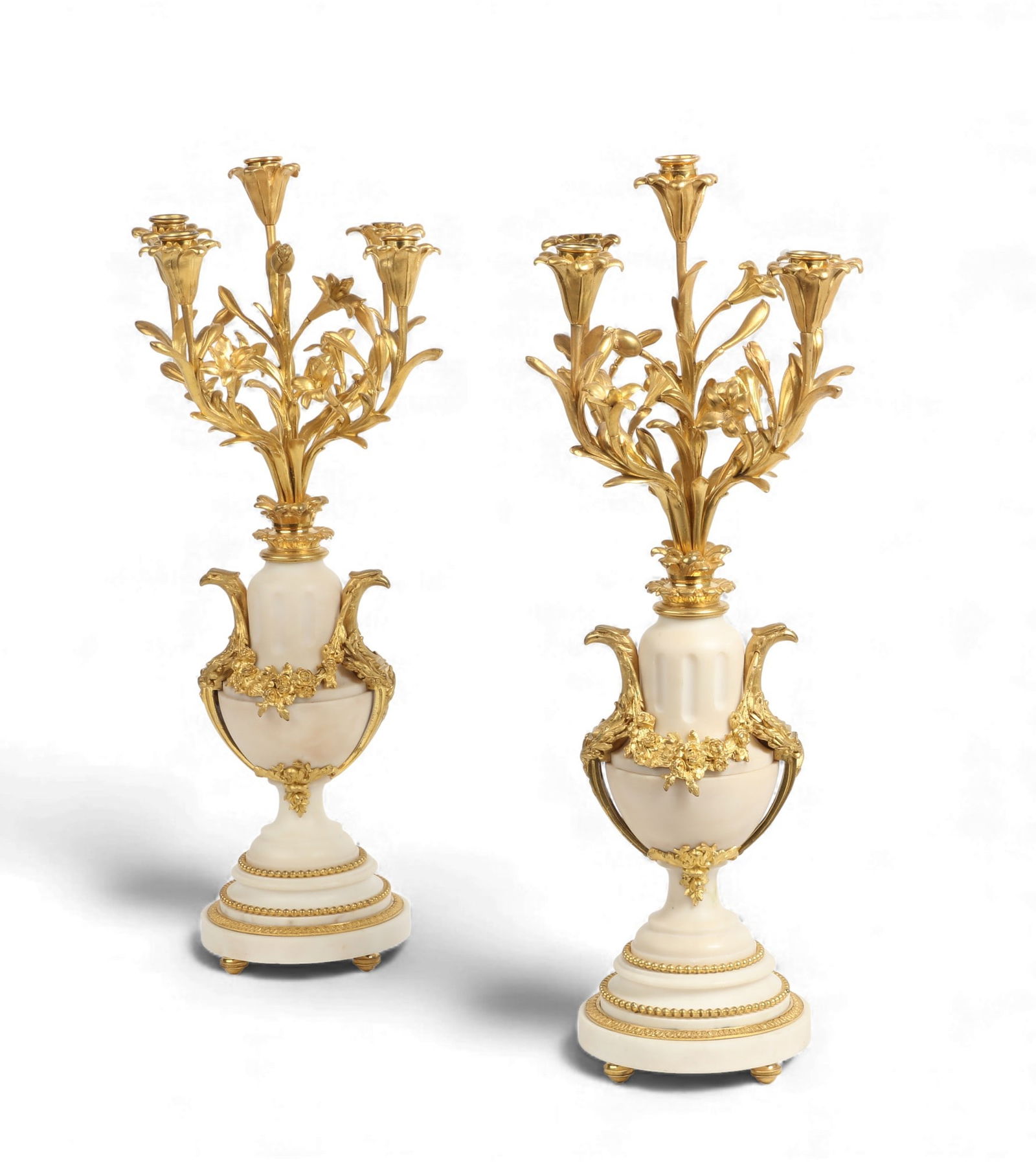 A pair of Louis XVI style gilt bronze mounted white marble five branch candelabra (1 of 4)