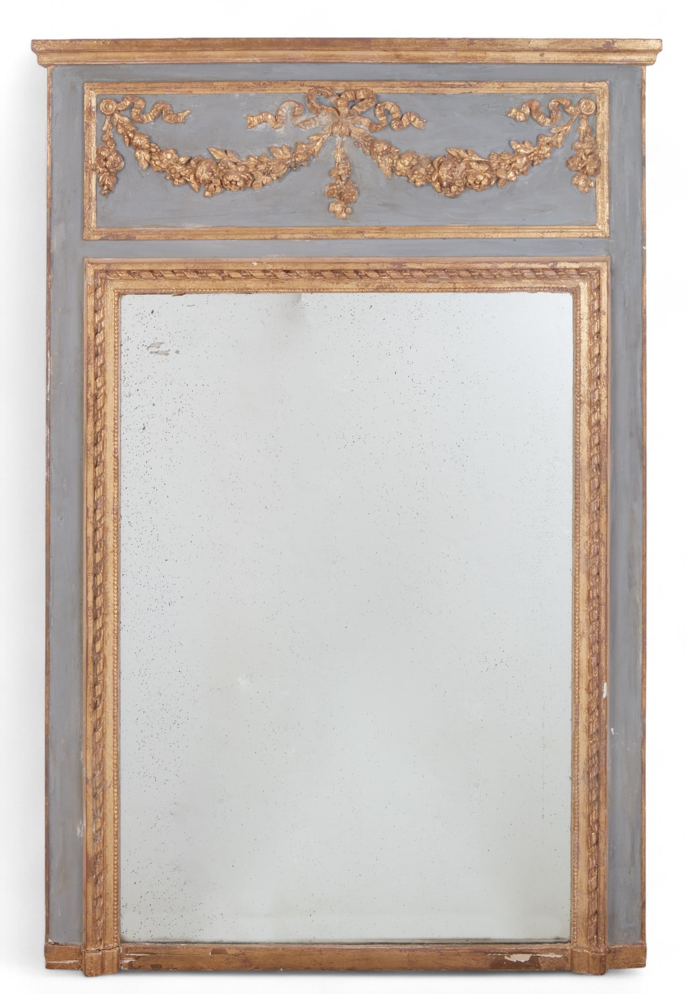 A Louis XVI style parcel gilt grey painted mirror, 19th century: A Louis XVI style parcel gilt grey painted mirror19th centuryheight 66in (168cm); width 45in (114cm) Provenance:Property from the Collection of Sophia Hutchins, Malibu, CA.