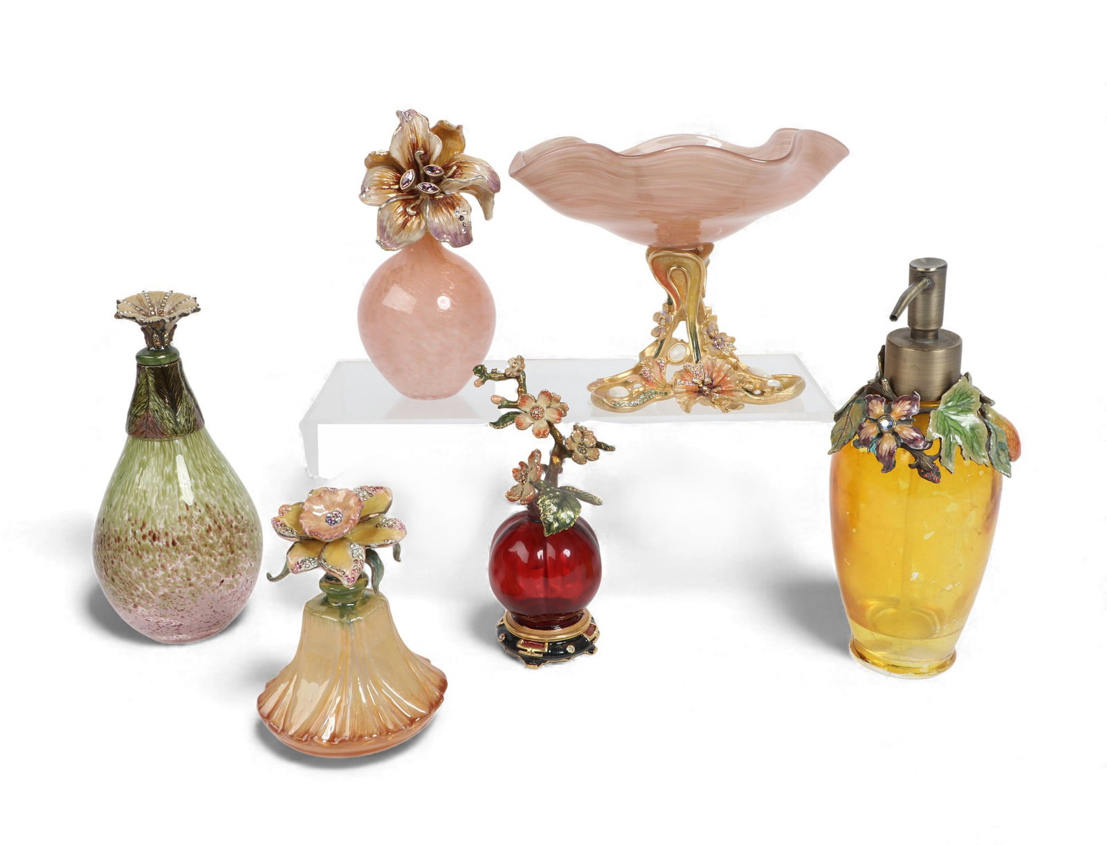 Six Jay Strongwater colored glass and  jeweled  enamel floral vanity articles, Modern (1 of 5)