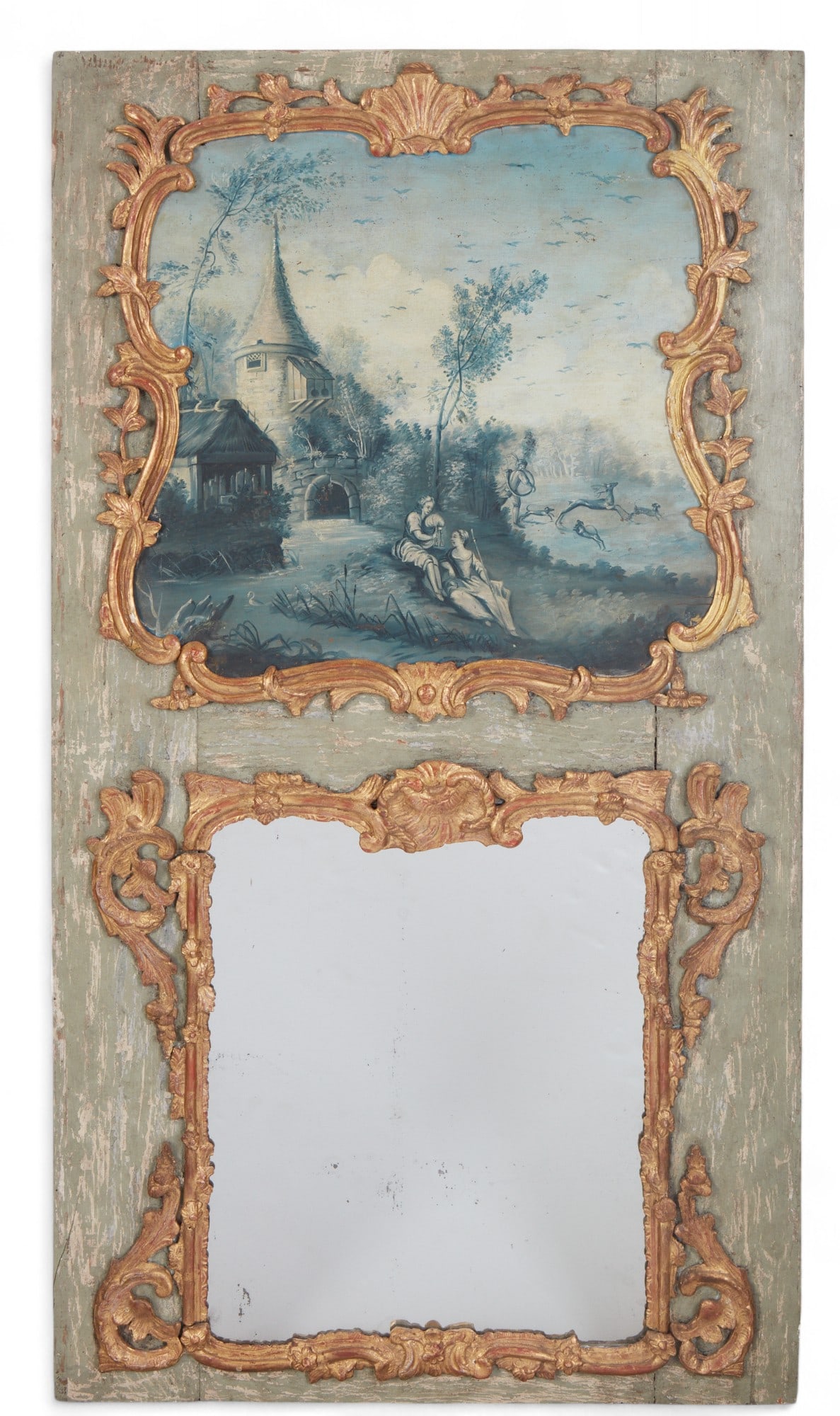 A Louis XV style parcel gilt grey painted trumeau mirror, third quarter 18th century (1 of 8)