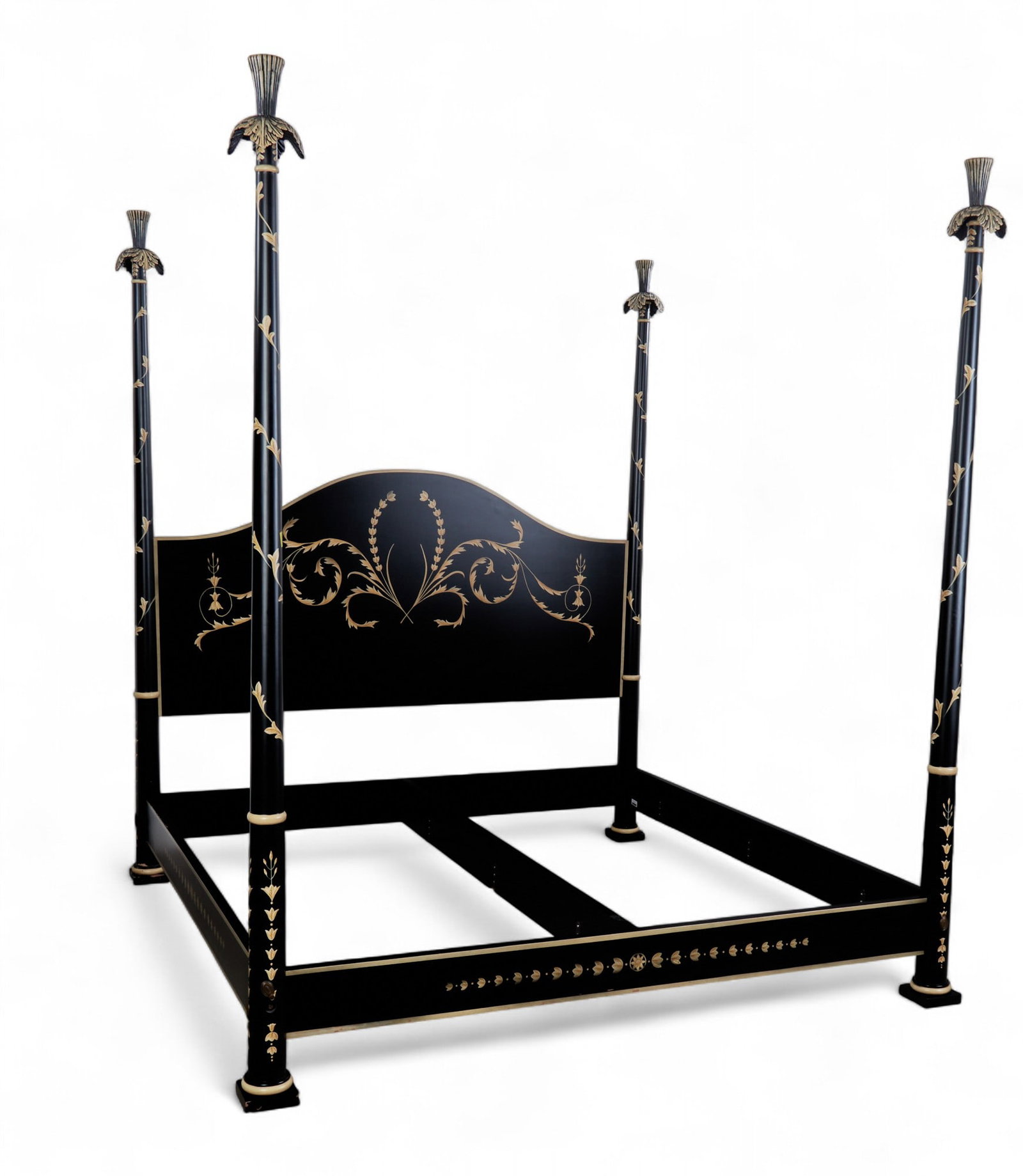 A polychrome decorated ebonized tester bed, modern: A polychrome decorated ebonized tester bedmodernheight 98in (249cm); width 86in (219cm); depth 91in (232cm) Provenance:Property from the Collection of Lauren King.
