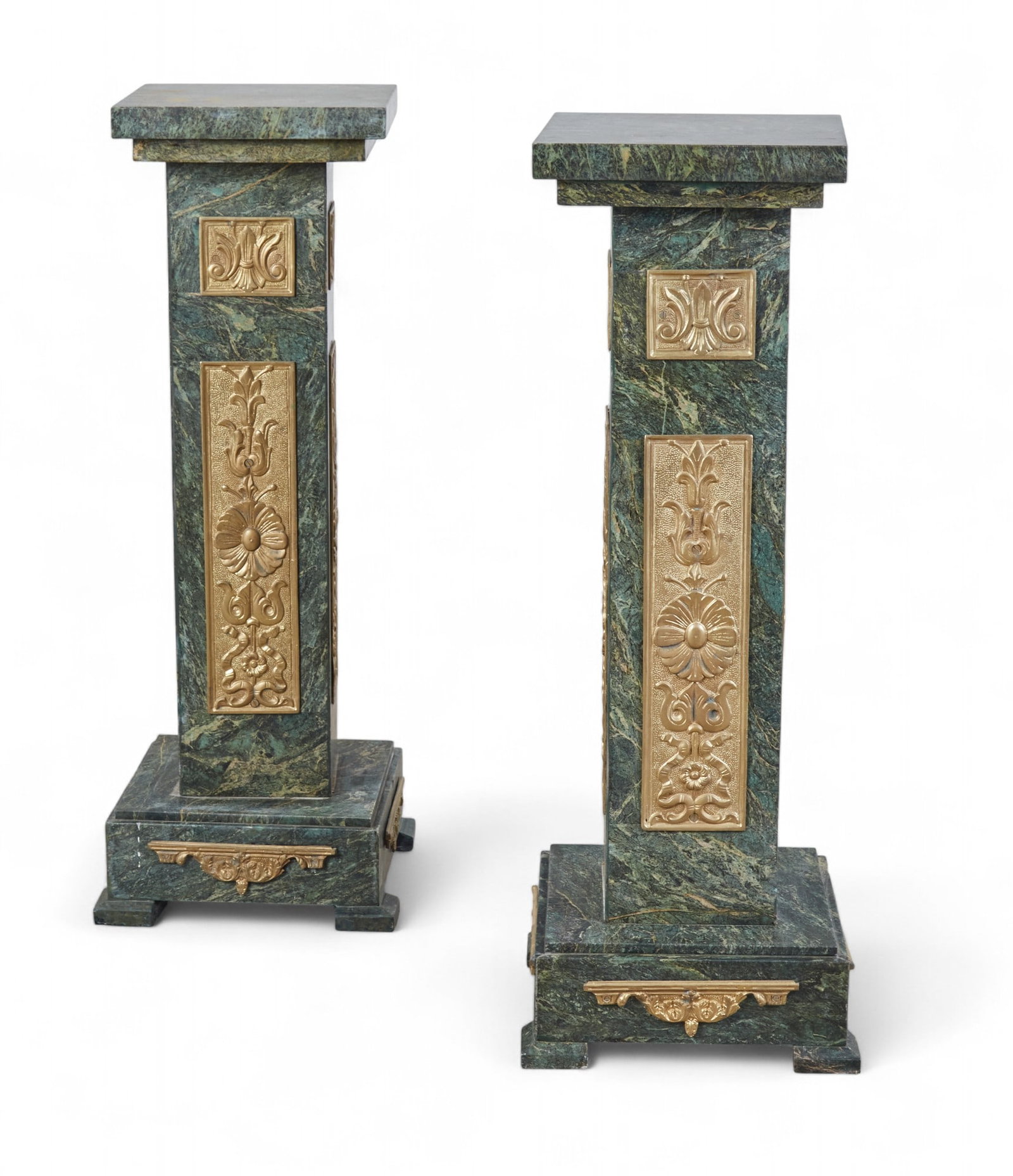 A pair of Neoclassical style gilt bronze mounted green variegated marble pedestals, modern (1 of 8)