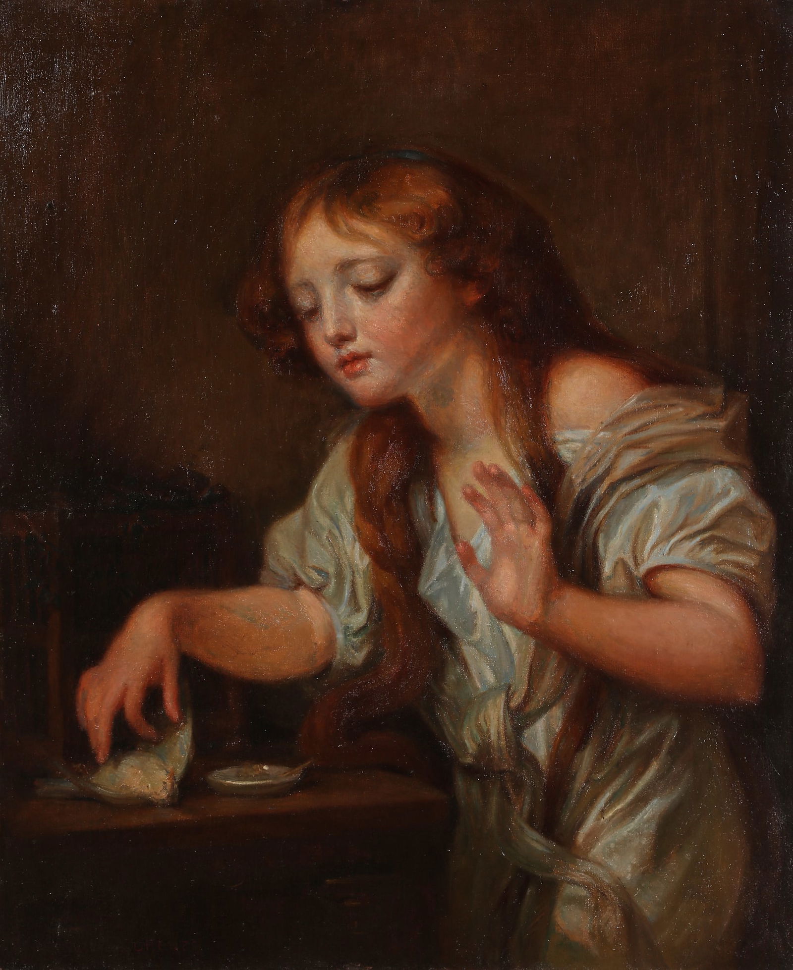 After Jean-Baptiste Greuze (France, 1725-1805), Young girl with a bird, oil on canvas (1 of 4)