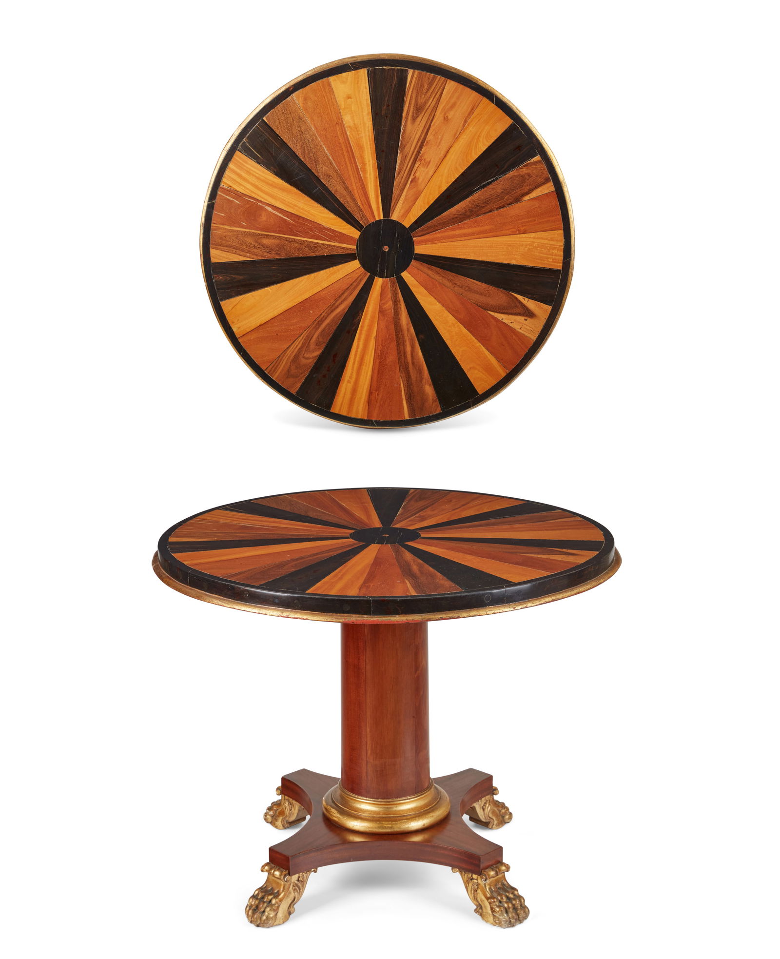 A Regency style parcel gilt mahogany and specimen wood center table (1 of 16)