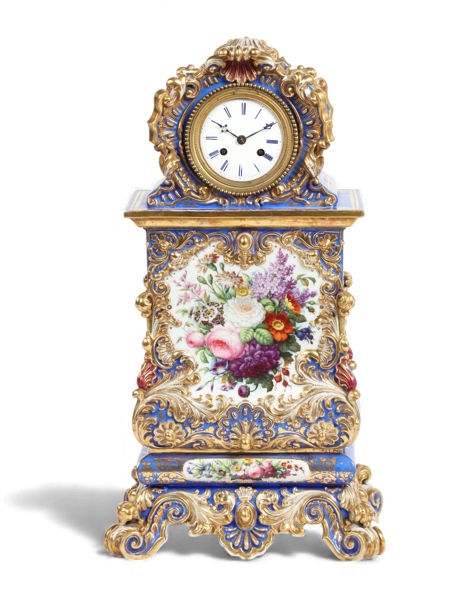 A large Jacob Petit parcel gilt blue ground and polychrome glazed porcelain mantel clock: A large Jacob Petit parcel gilt blue ground and polychrome glazed porcelain mantel clockmid-19th centuryWith twin train movement with maker s pastille, case marked to underside JP / Cadran.height 22in
