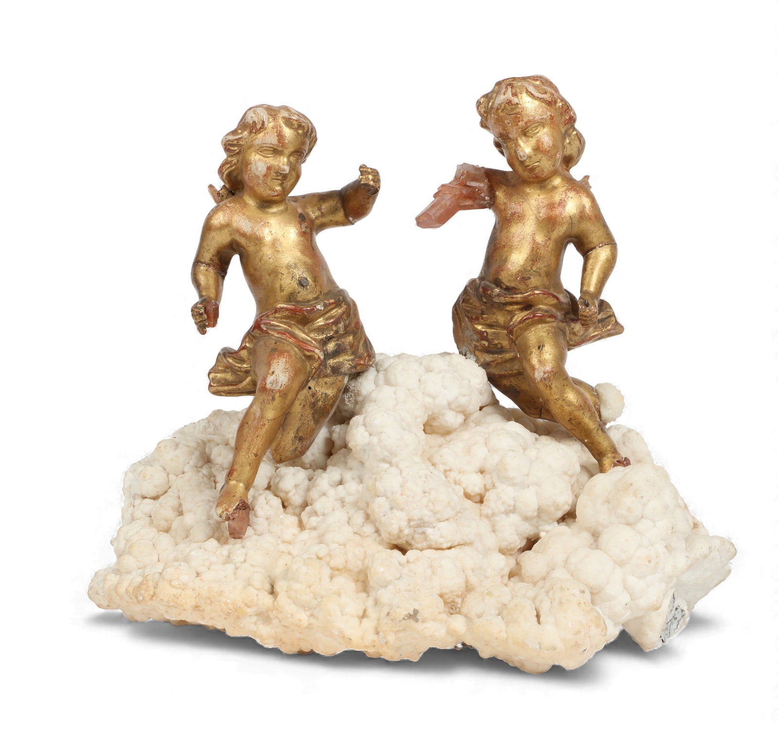 A pair of Italian Baroque models of putti on quartz and aragonite specimen, Interi: A pair of Italian Baroque models of putti on quartz and aragonite specimenInterifigures 18th centuryheight 11 1/2in (29cm); width 12 1/2in (32cm); depth 9 1/2in (24cm) Provenance:With Interi, L