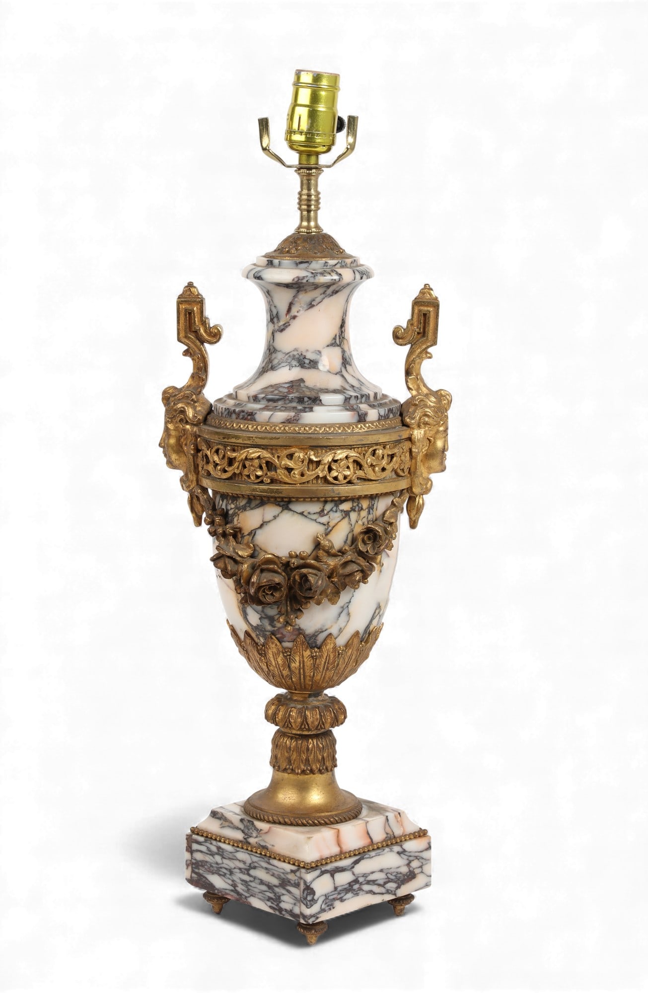 A French gilt bronze mounted variegated white marble urn form lamp, 20th century (1 of 4)
