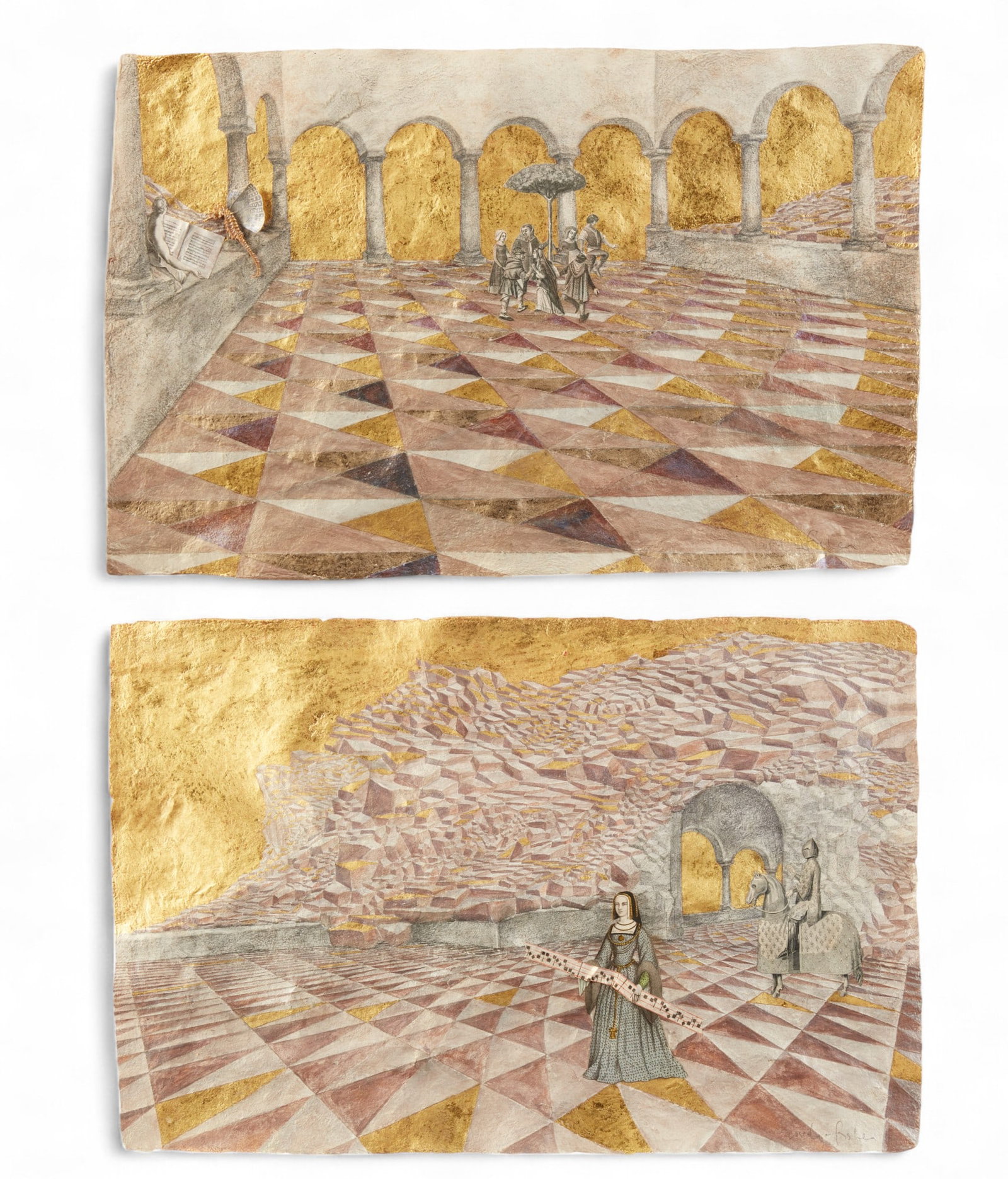 Rose-Lynn Fisher (American, b.1955), Two checkered landscapes with figures, mixed media collages: Rose-Lynn Fisher(American, b.1955)Two checkered landscapes with figuresmixed media collages with gold leaf on hand-made Mexican bark paperlot includes two works, both signed in pencil to lower right.1