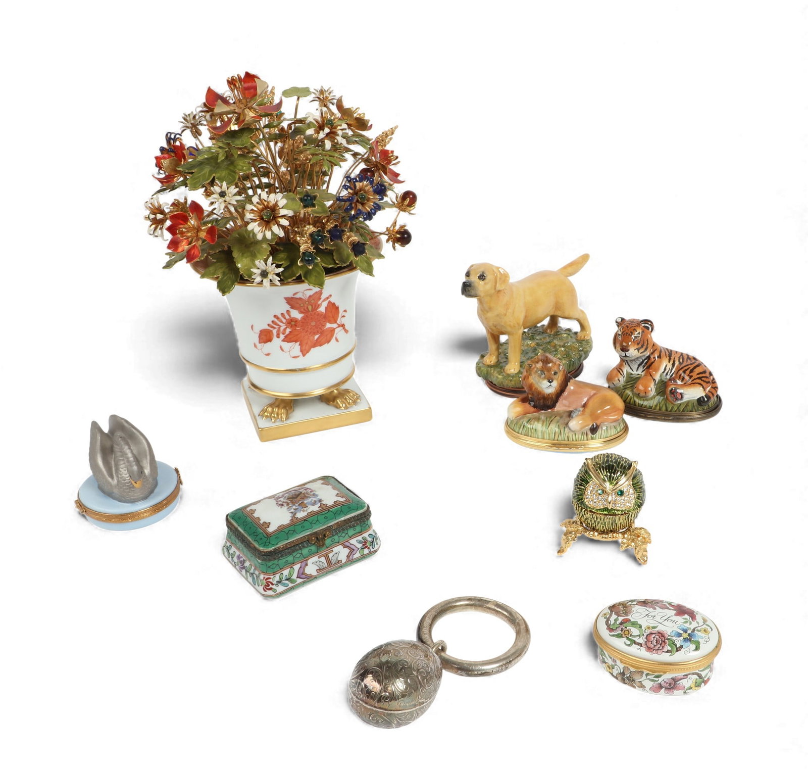 A collection of International painted porcelain table articles, Herend, Faberge, Halcyon Days (1 of 4)