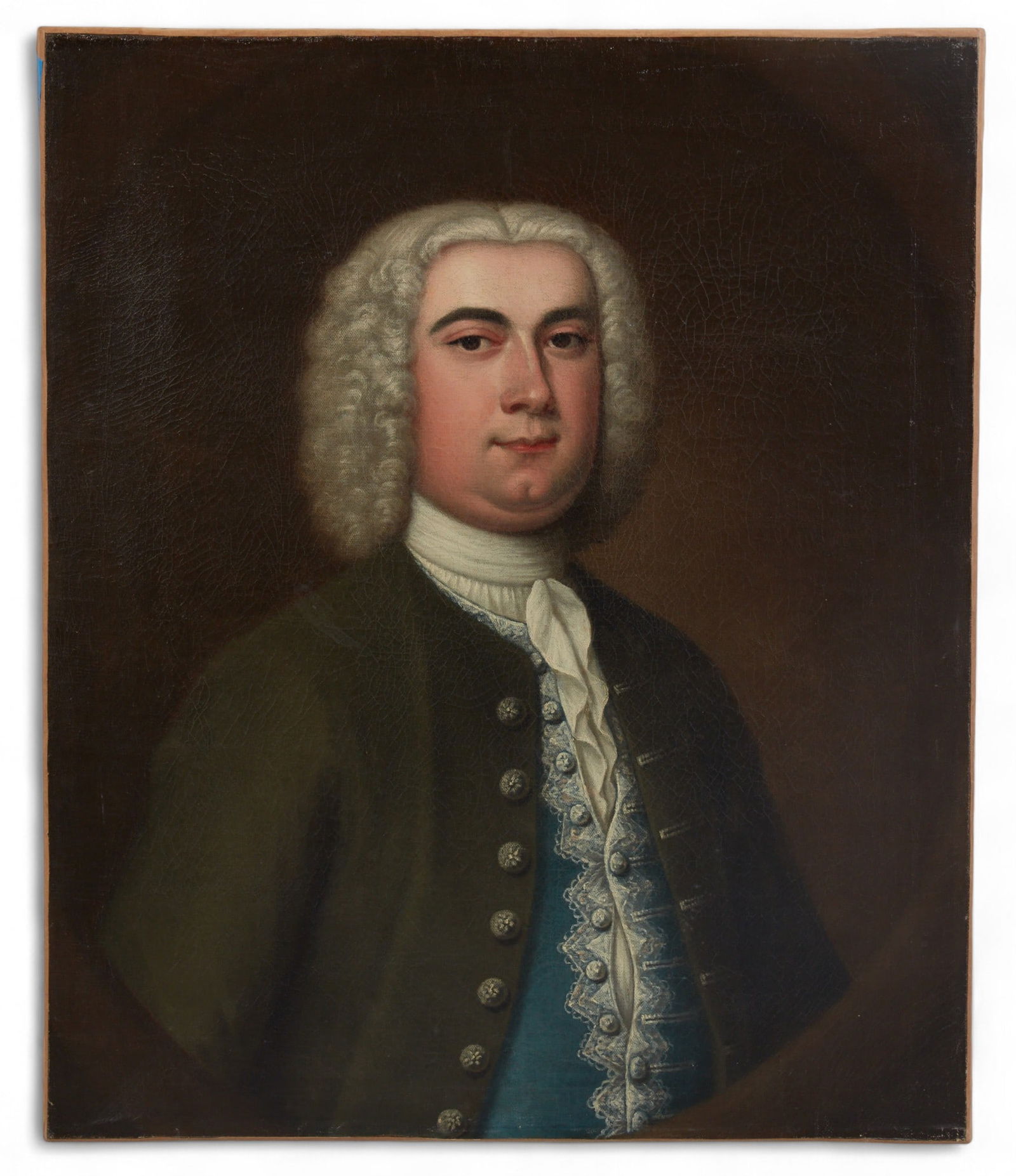 German School (18th century), Portrait of a Gentleman in a blue vest, oil on canvas: German School18th centuryPortrait of a Gentleman in a blue vestoil on canvas30 x 25in (76 x 64 cm) Provenance:Property from the Collection of Larry Bond, Utah.
