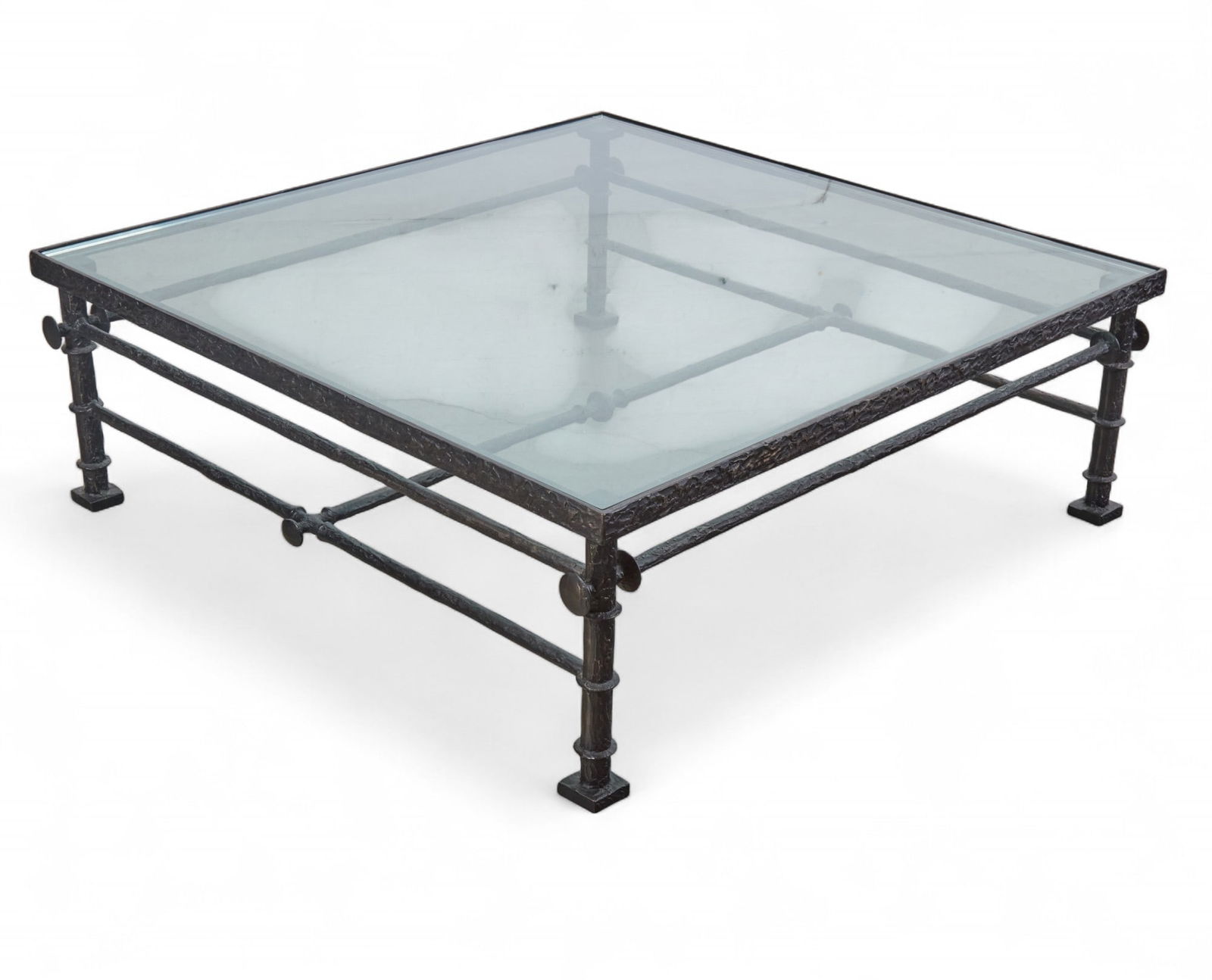 A Bunny Williams Brutalist style patinated iron and glass square coffee / cocktail table, modern: A Bunny Williams Brutalist style patinated iron and glass square coffee / cocktail tablemodernheight 16 3/4in (42.5cm); width 48in (122cm) square Provenance:Property from the Collection of Lauren Kin