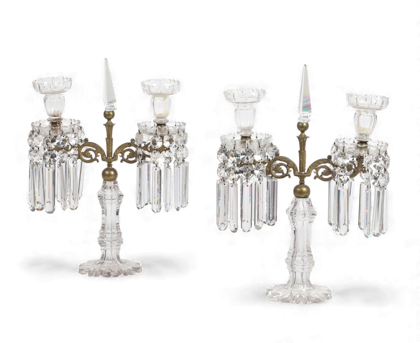 A pair of Victorian bronze and cut clear glass two light girandole candelabra, late 19th century: A pair of Victorian bronze and cut clear glass two light girandole candelabralate 19th centuryheight 17in (43cm); width 12 1/4in (31cm); depth 5in (12.5cm) Provenance:Property from the Collection of