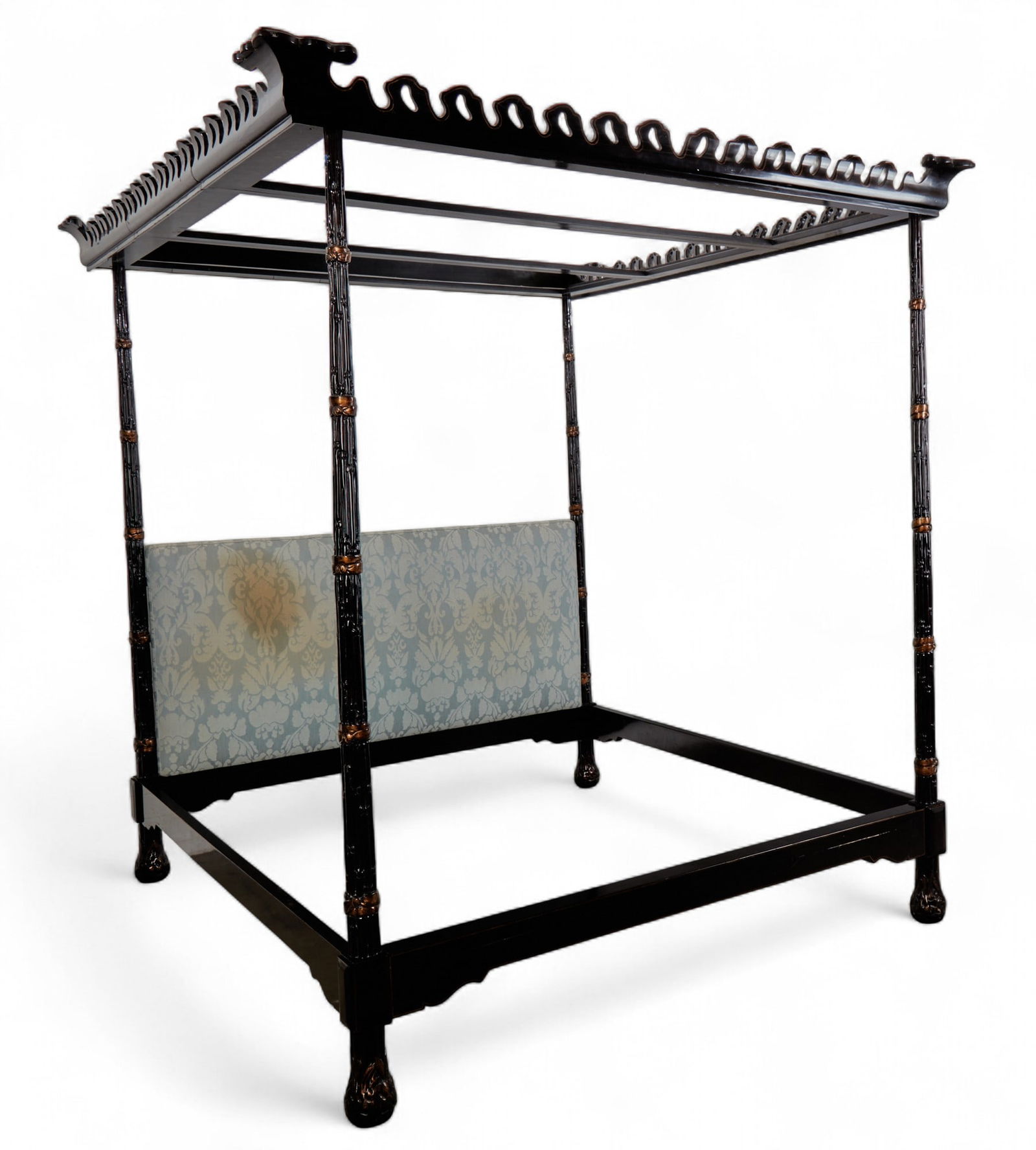 A Michael Taylor ebonized Chinoiserie decorated Kempner tester bed, modern: A Michael Taylor ebonized Chinoiserie decorated Kempner tester bedmodernheight 97 1/2in (247.5cm); width 78in (198cm); depth 93 1/2in (237.5cm)